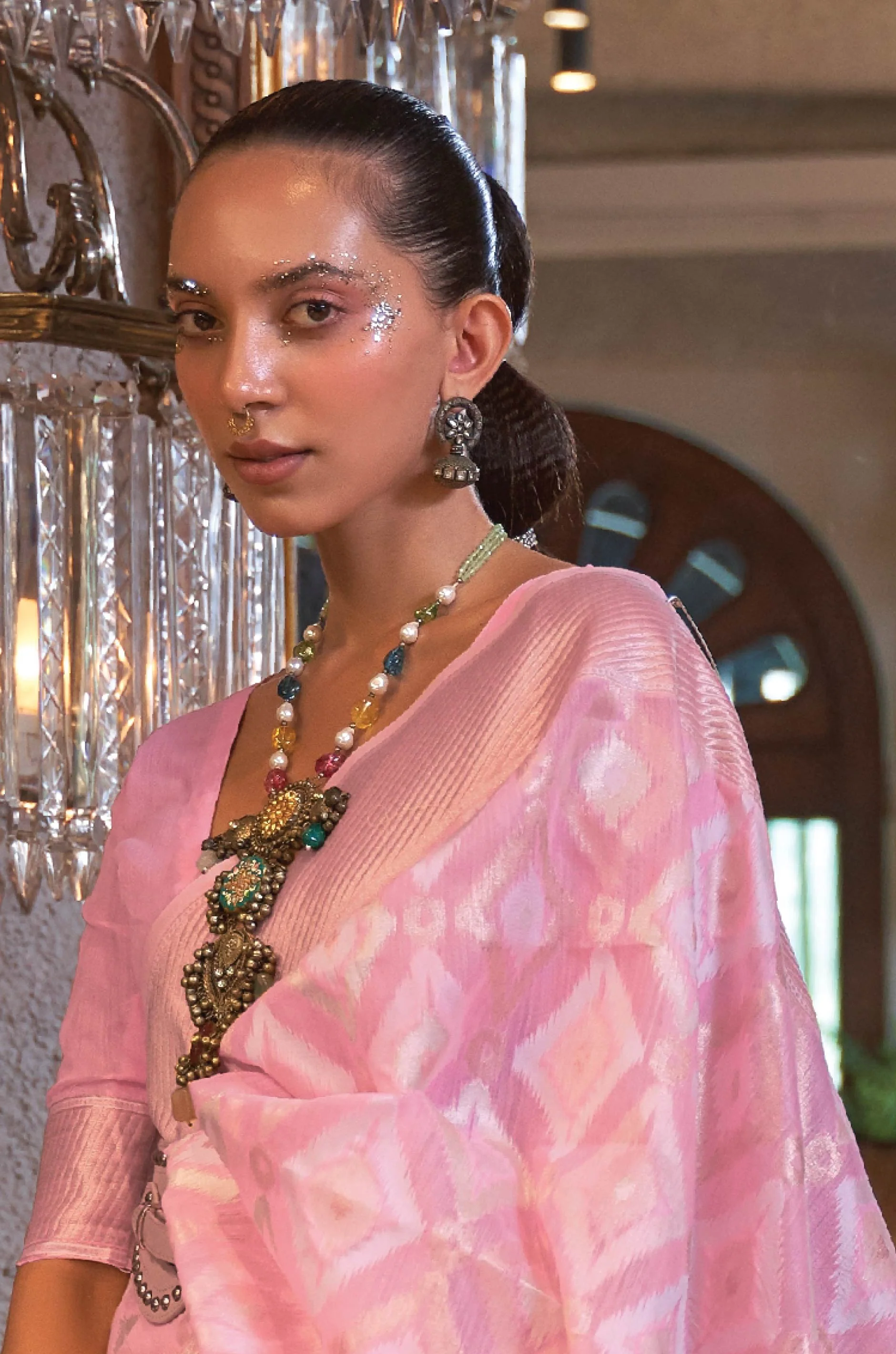 Baby Pink Woven Linen Saree - Image 5