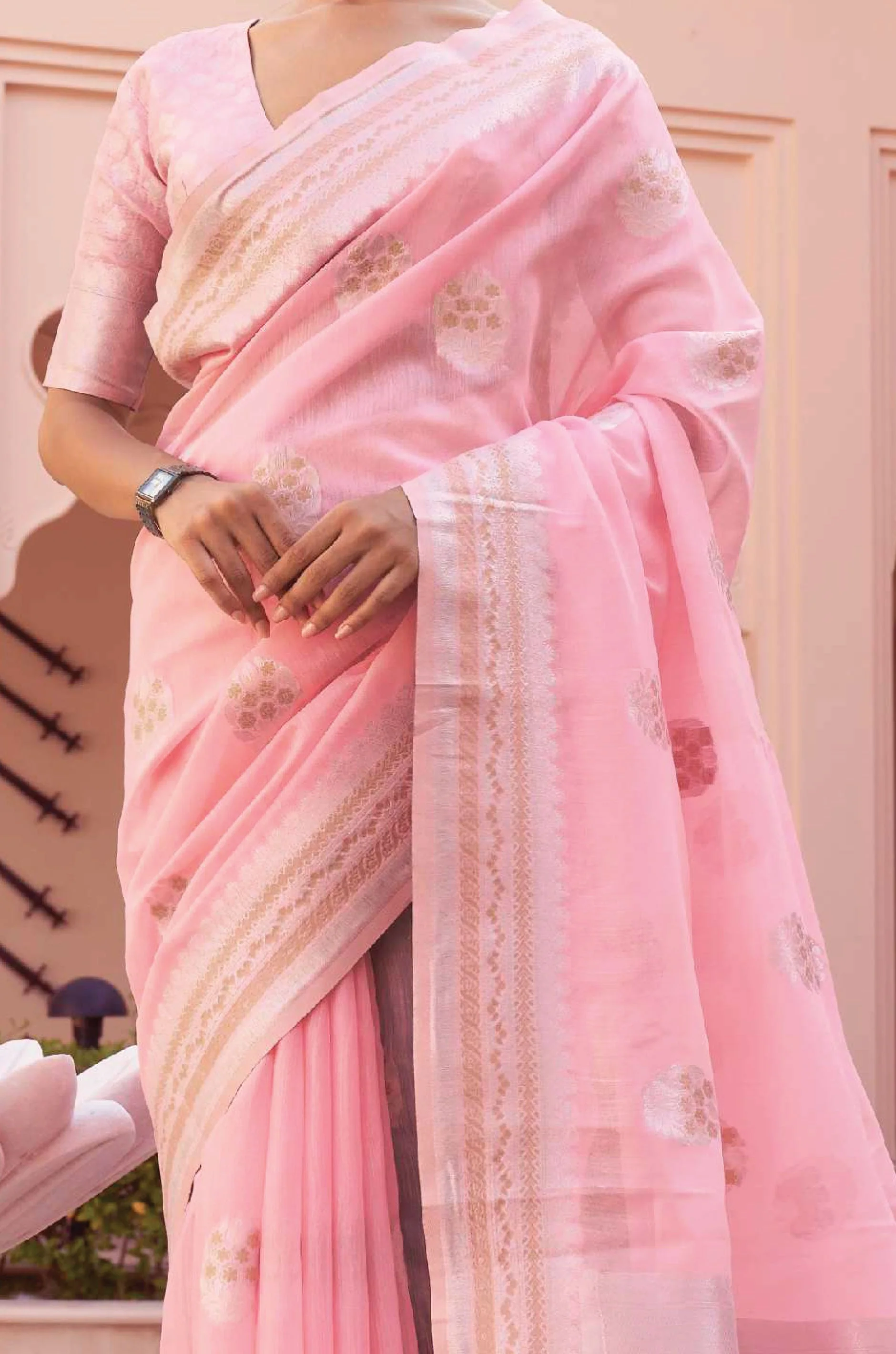 Baby Pink Woven Linen Saree - Image 3