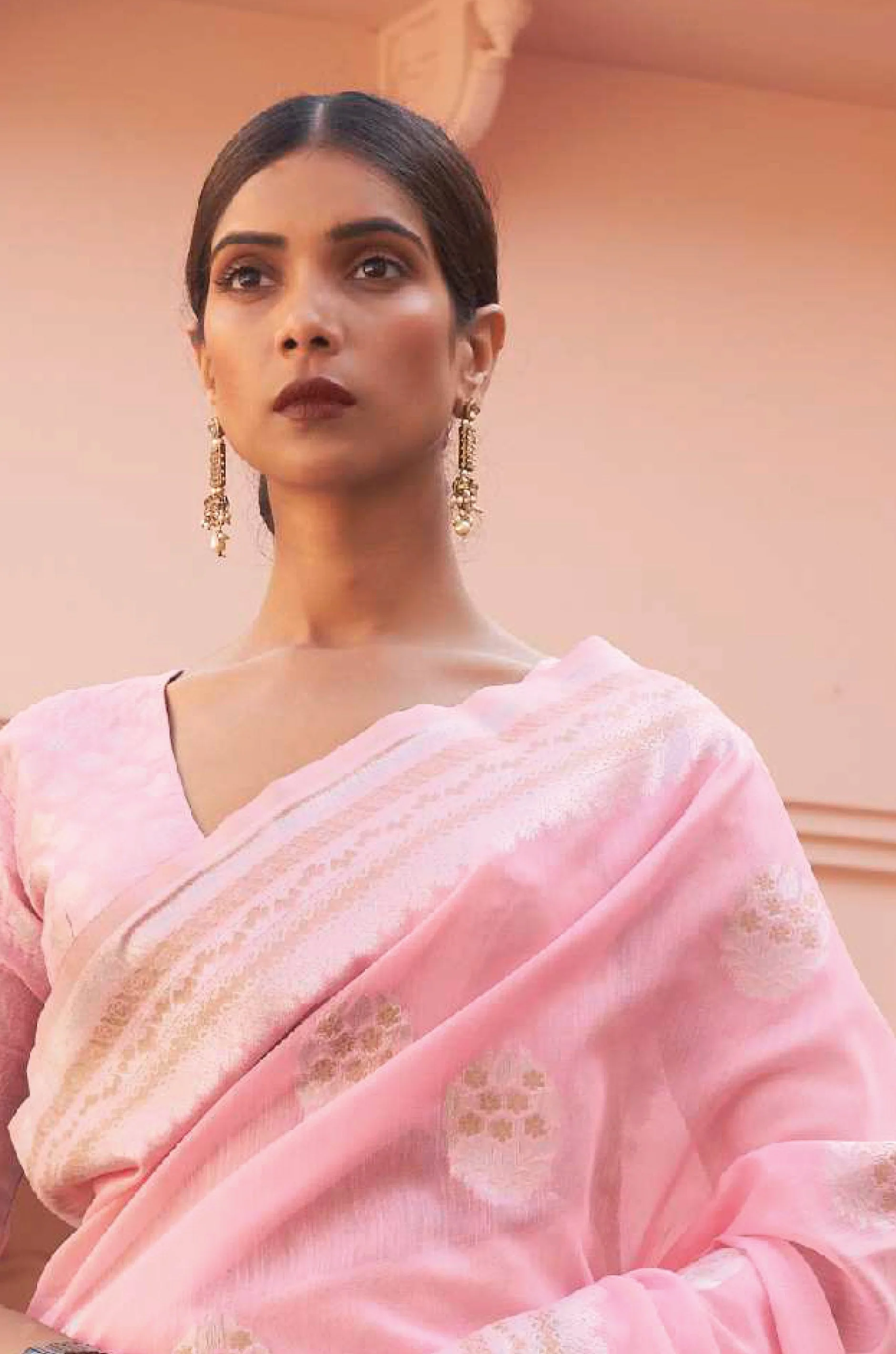 Baby Pink Woven Linen Saree - Image 4