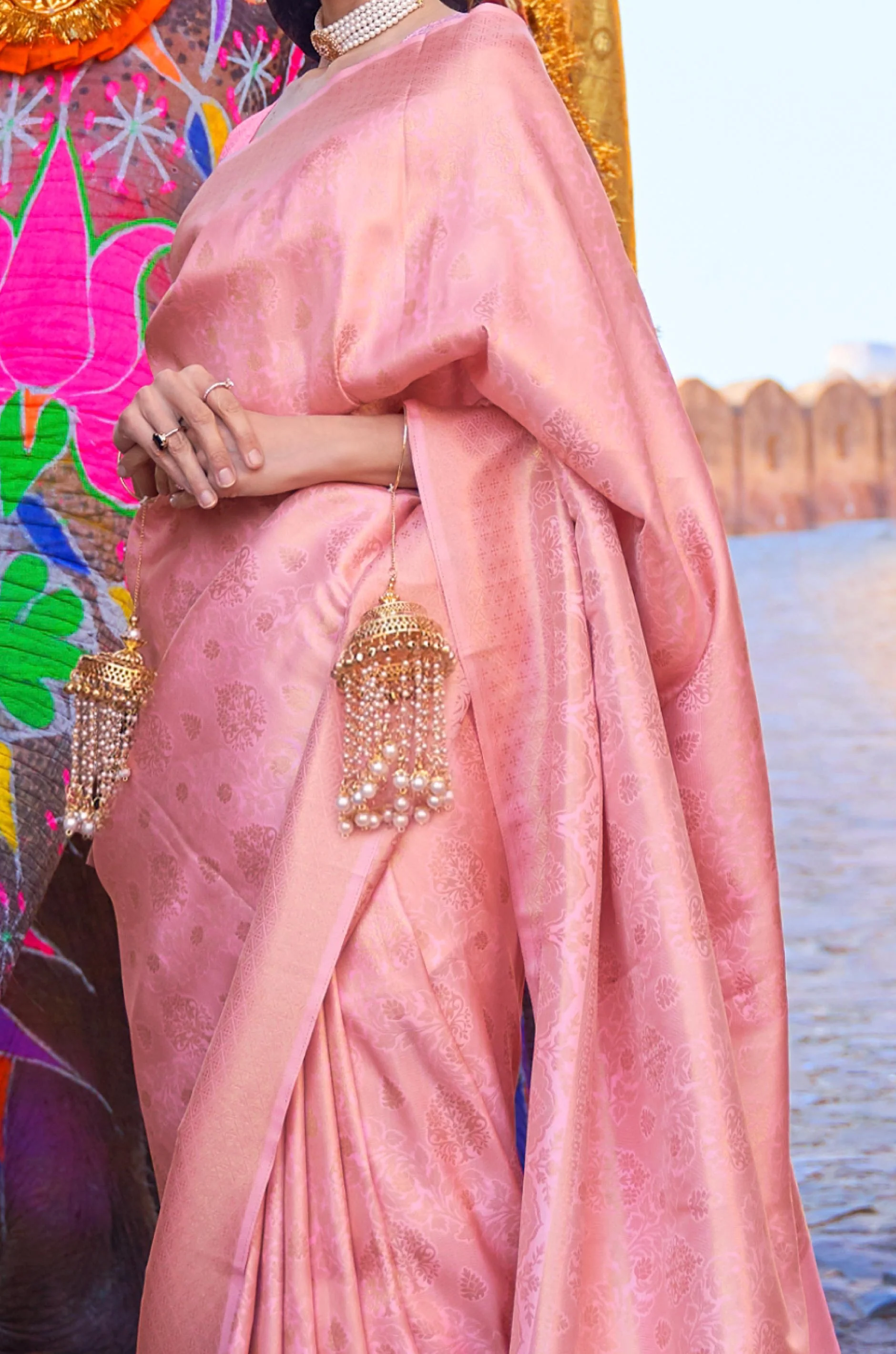Baby Pink Woven Silk Saree - Image 3