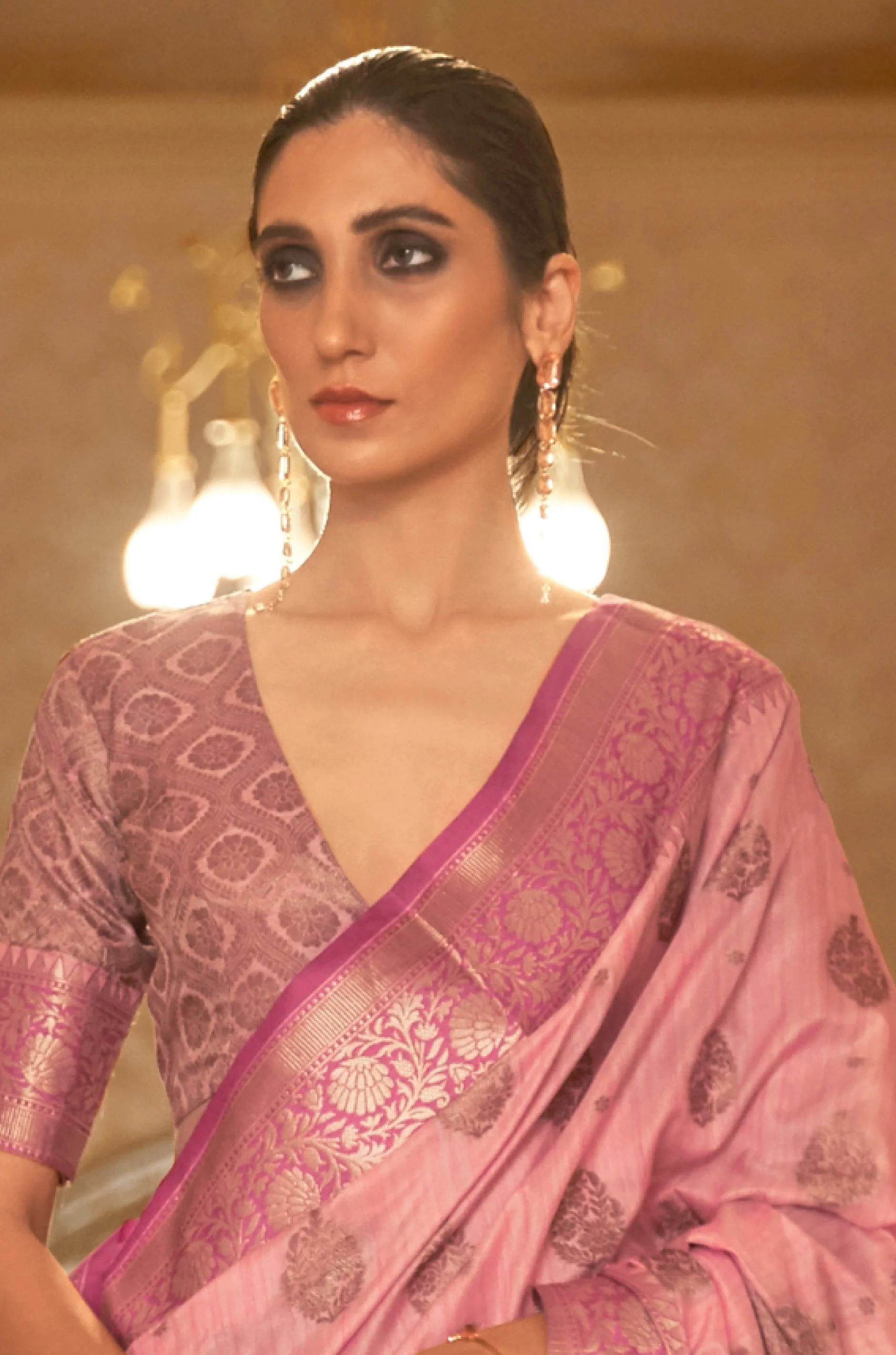 Baby Pink Woven Tussar Silk Saree - Image 4