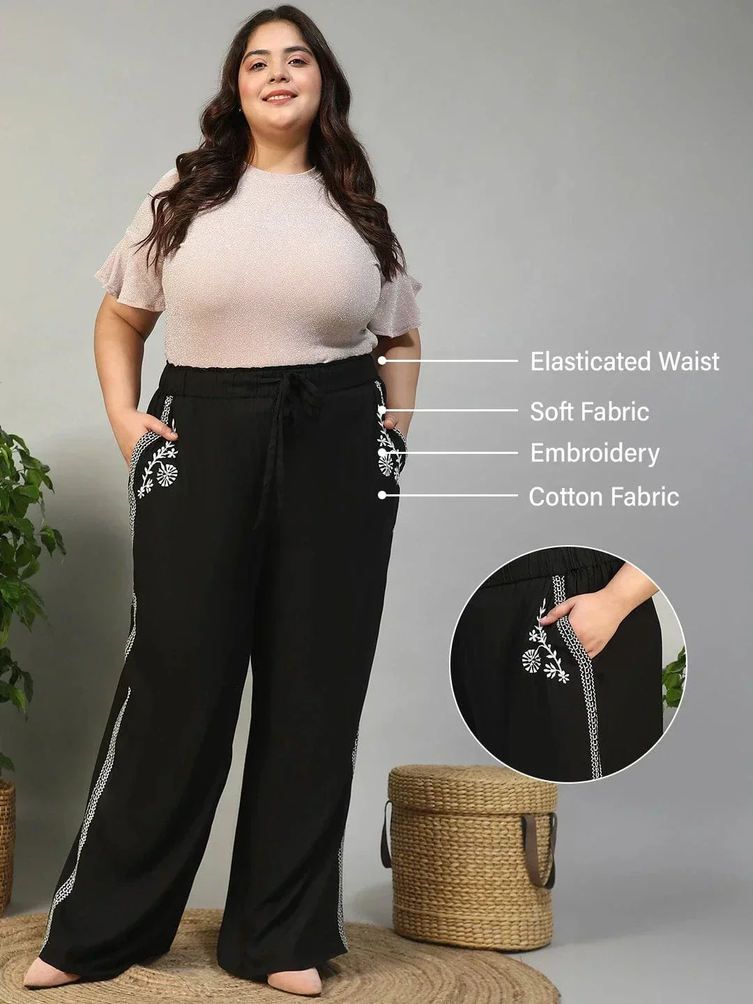 Bang On Black Elasticated With Tie -Up Detail Embroidered Plus Size Women Cotton Linen Pant - Image 2