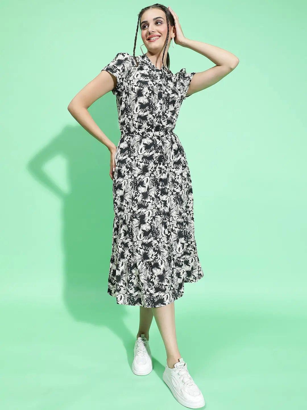 Bang On Black Floral Print Dress Button Down Detail Women Dress - Image 2