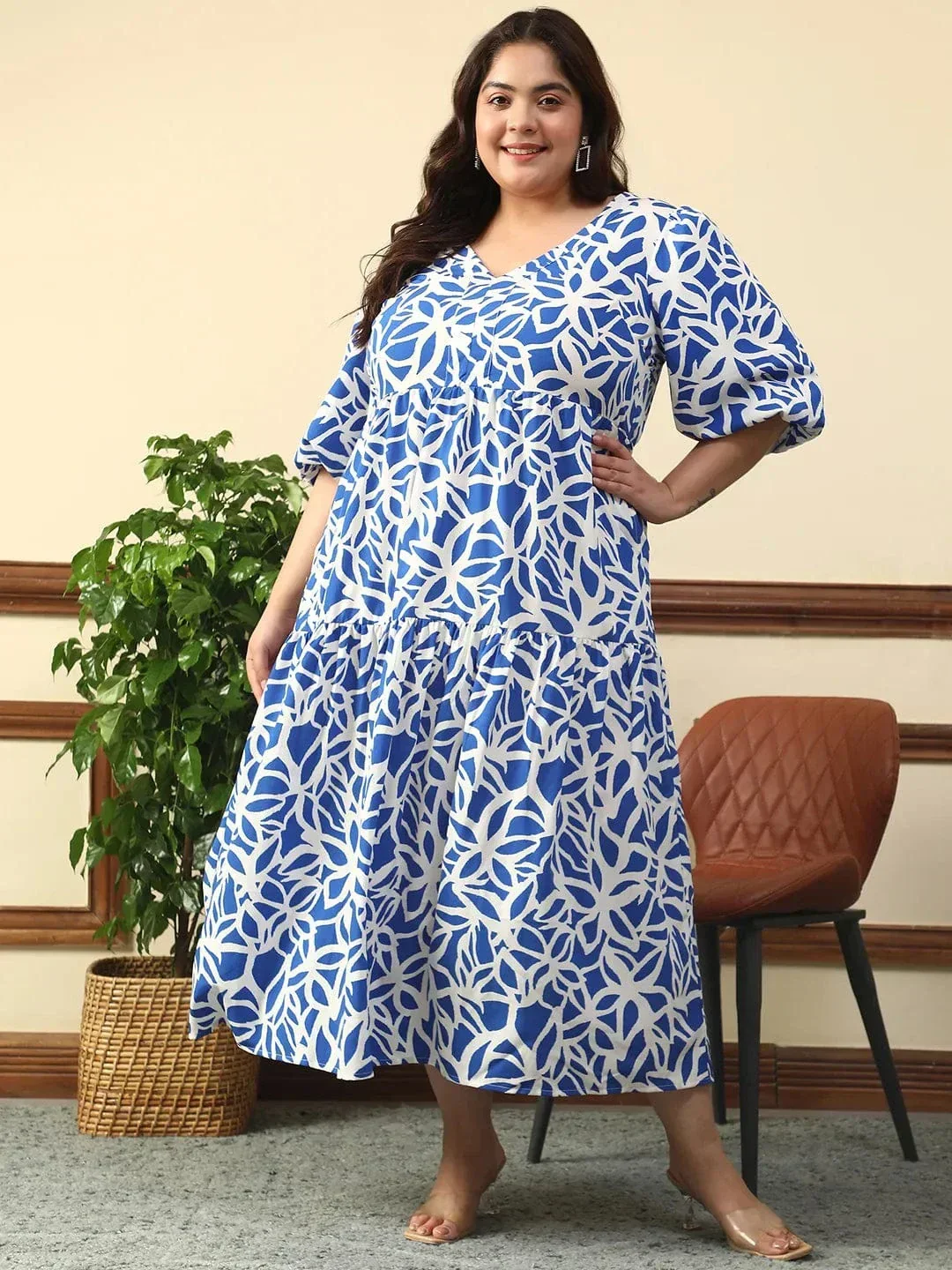 Bare Blue Floral Print Short Balloon Sleeve Plus Size Women Long Maxi Dress - Image 2