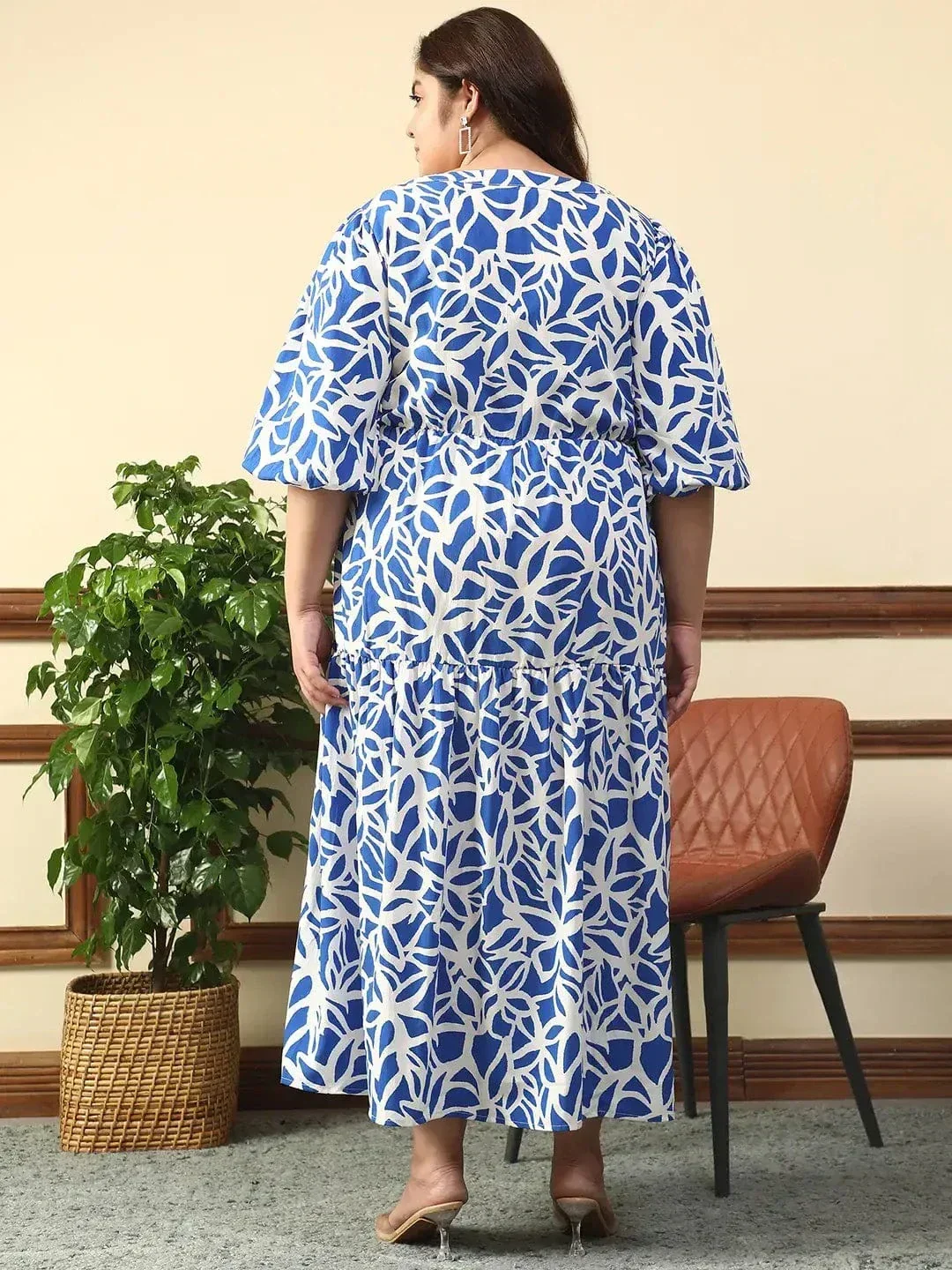 Bare Blue Floral Print Short Balloon Sleeve Plus Size Women Long Maxi Dress - Image 6
