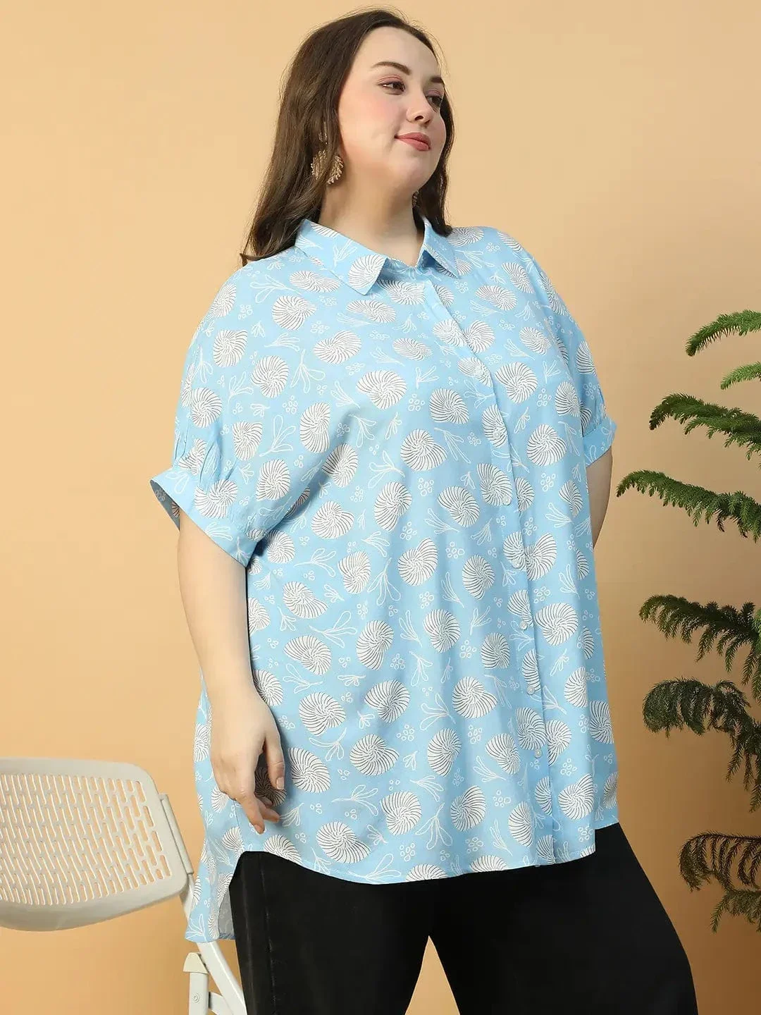 Baroque Blue Floral Print Collared Short Sleeve Button Down Baggy Style Plus Size Women Tunic Shirt - Image 5