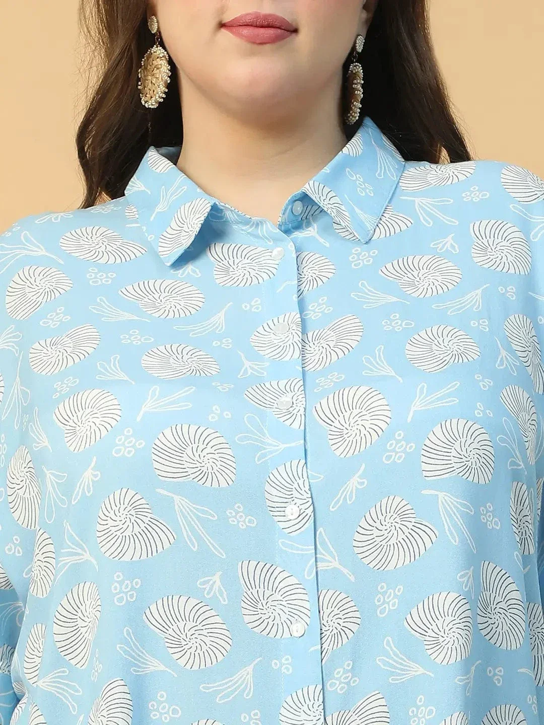 Baroque Blue Floral Print Collared Short Sleeve Button Down Baggy Style Plus Size Women Tunic Shirt - Image 7