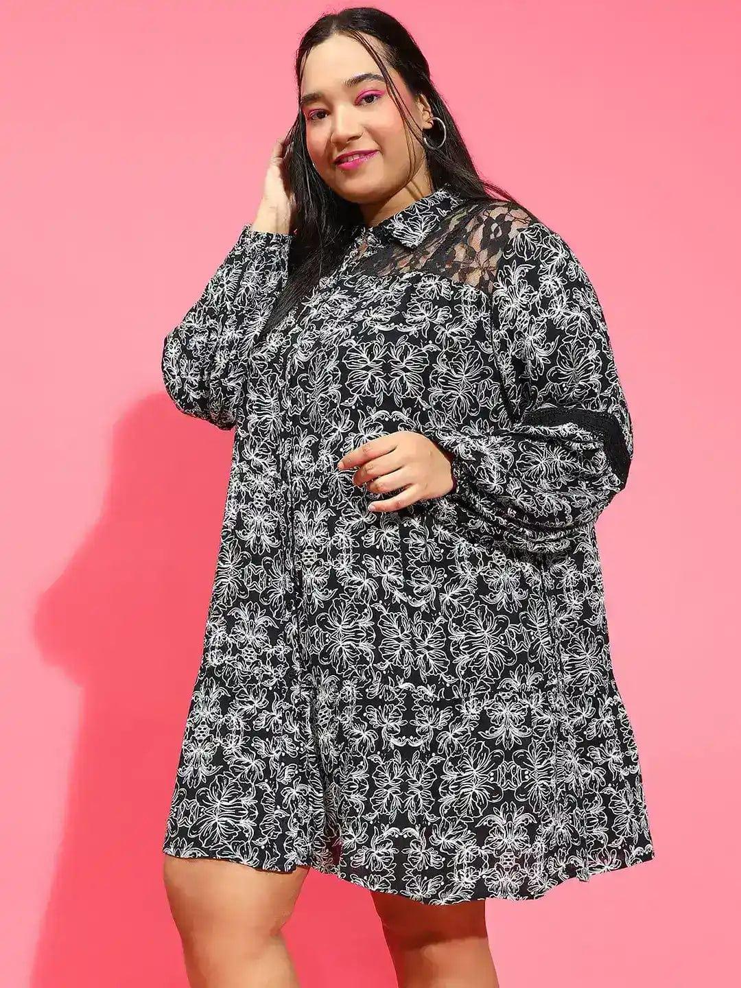 Basic Black Floral Print Lace Detailed Button-Down Plus Size Curvy Dress - Image 3