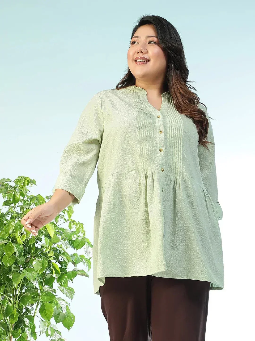 Basic Solid Sage Green Long Sleeve Pleates Detail Button Down Plus Size Women Dobby Tunic