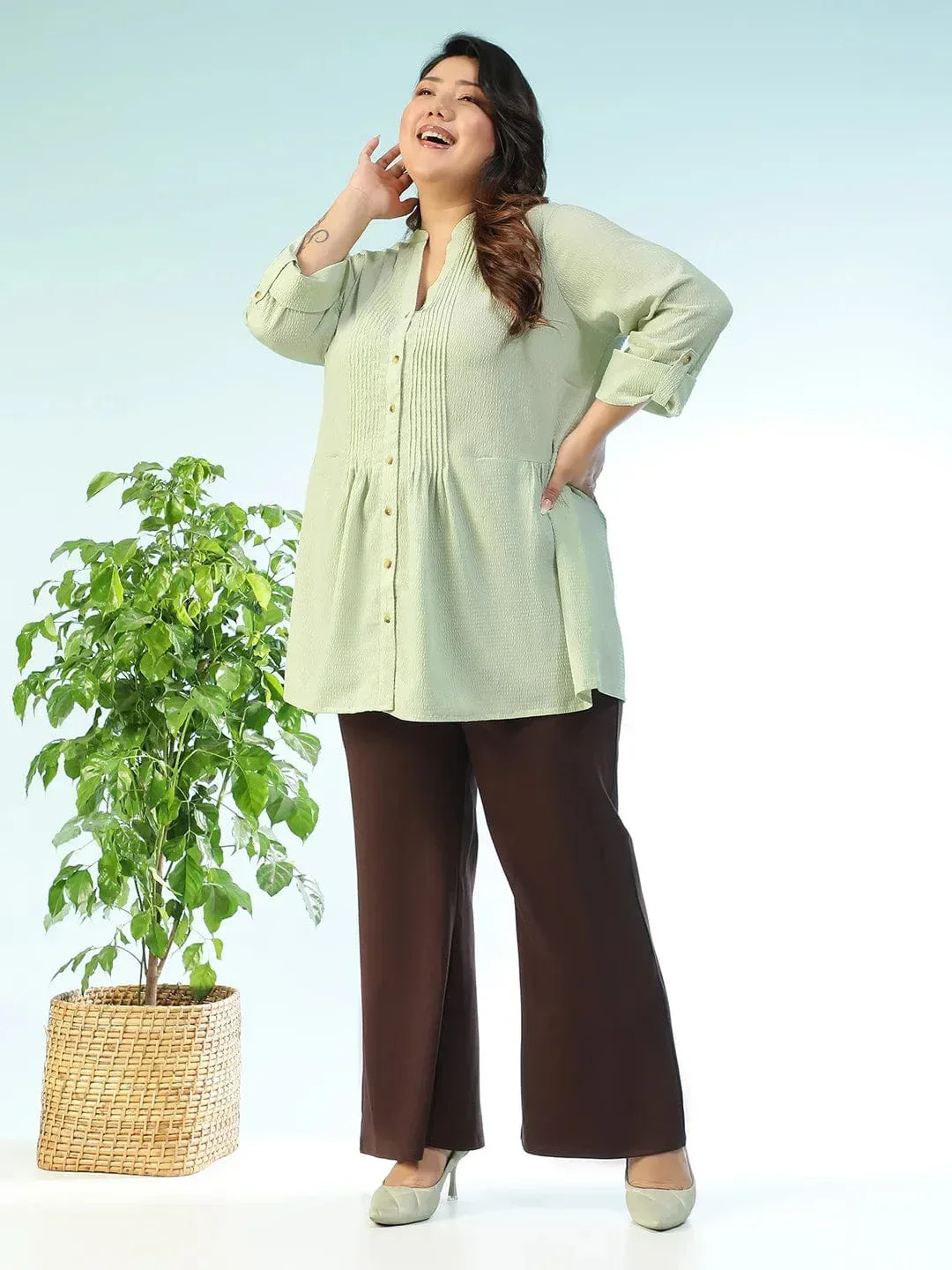 Basic Solid Sage Green Long Sleeve Pleates Detail Button Down Plus Size Women Dobby Tunic - Image 2
