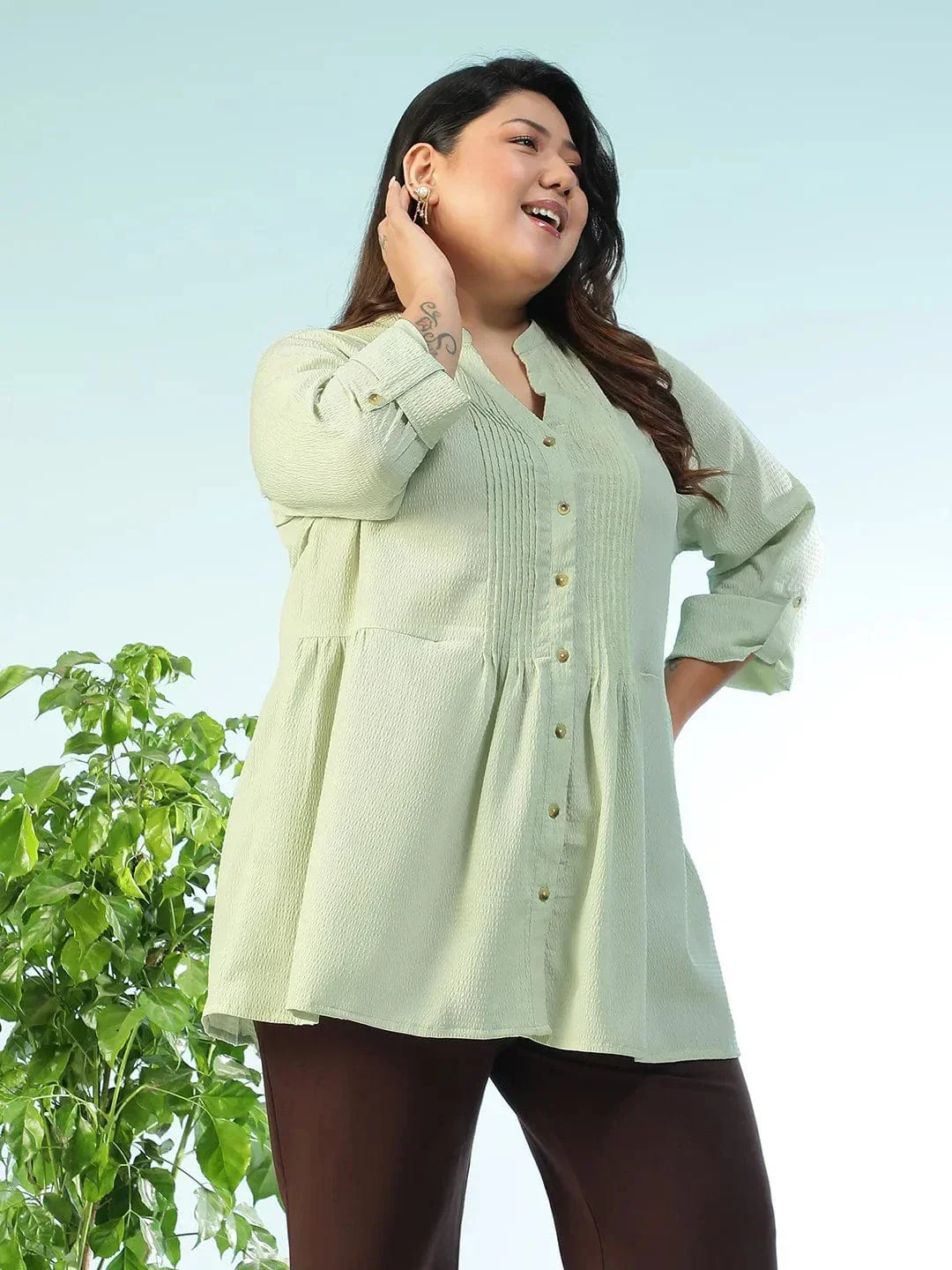 Basic Solid Sage Green Long Sleeve Pleates Detail Button Down Plus Size Women Dobby Tunic - Image 4