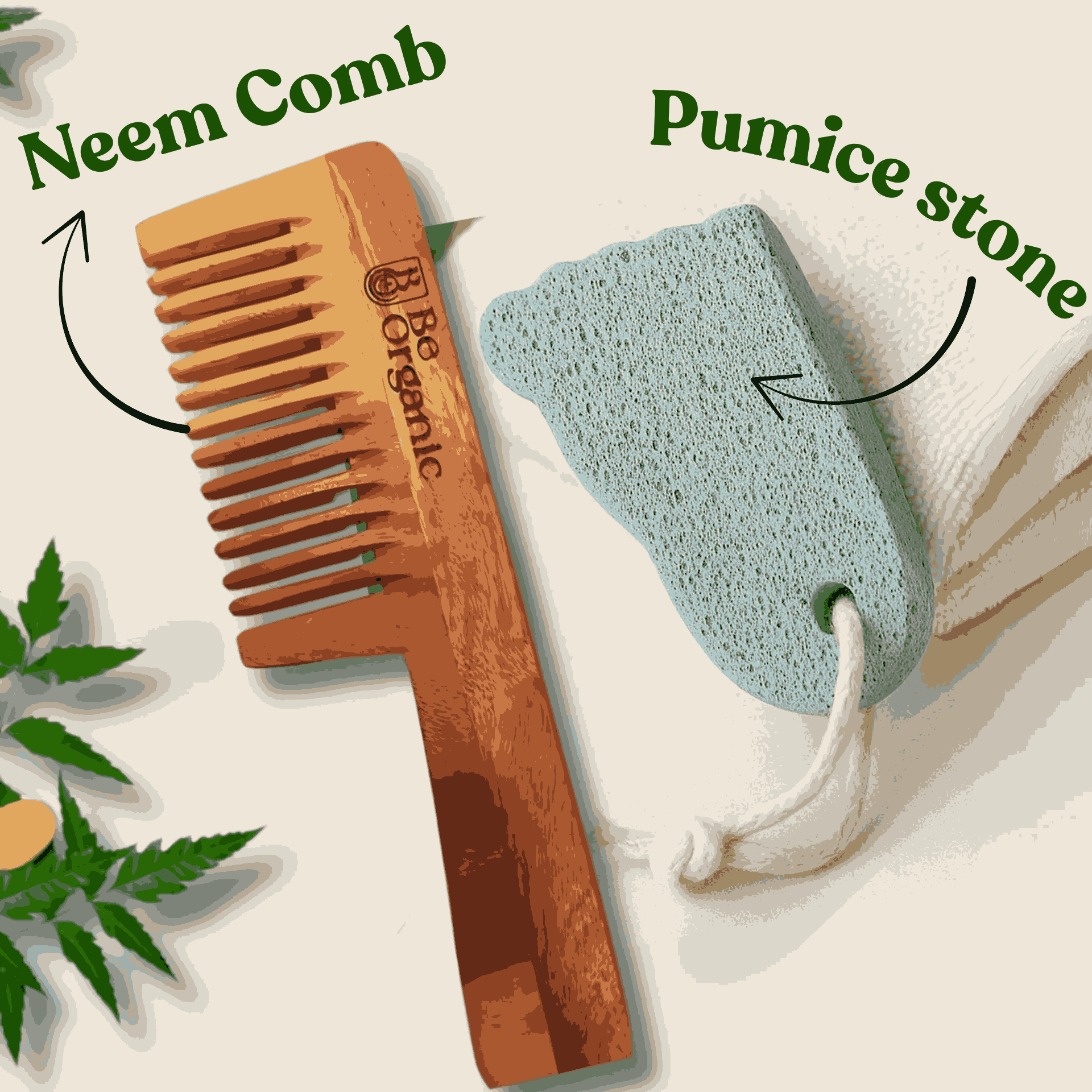 Be Organic Head to Toe Care Combo – Neem Comb & Pumice Stone for Scalp and Foot Care