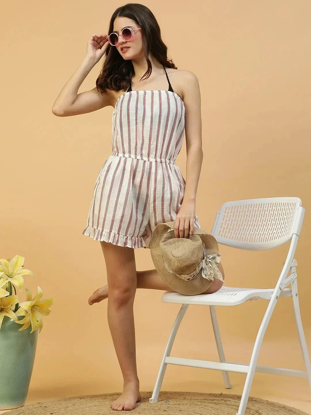 Beachy White Stripe Print Elasticated Off -Shoulder Women Becahwear Cotton Playsuit