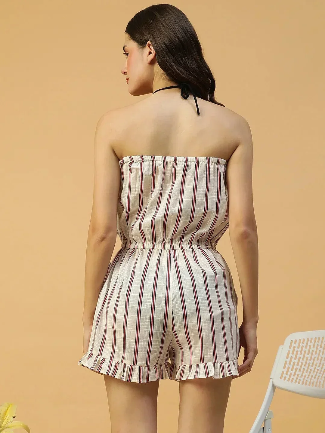 Beachy White Stripe Print Elasticated Off -Shoulder Women Becahwear Cotton Playsuit - Image 6