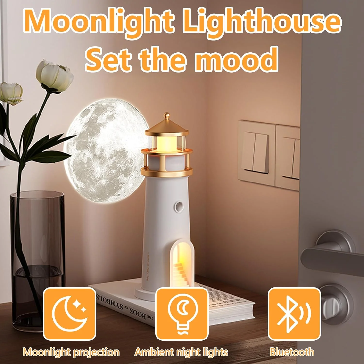 Beacon: Lighthouse Moonlight Projection Lamp with Bluetooth Speaker & Remote, Dimmable LED Night Light, Cute Moon Glow Table Lamp for Bedroom, Kids Room & Unique Gifting - Image 3