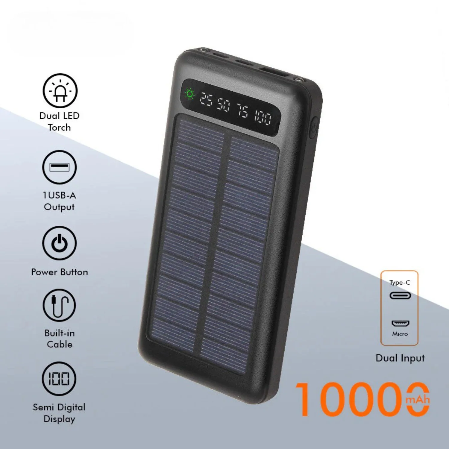Beamie: 10,000mAh Solar Power Bank with Fast Charging, 4 Built-in Cables, 4 USB Outputs, LED Flashlight & Dual Input for Outdoor Travel & Emergency Use - Image 2