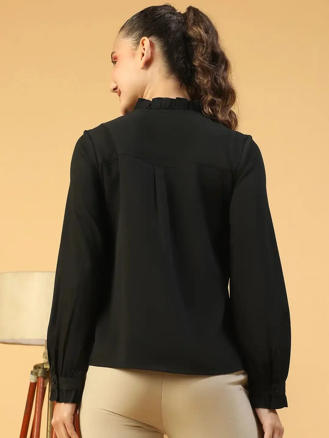 Beautiful Black Frill Detailed Long Sleeve Button Down Women Pleated Shirt - Image 5