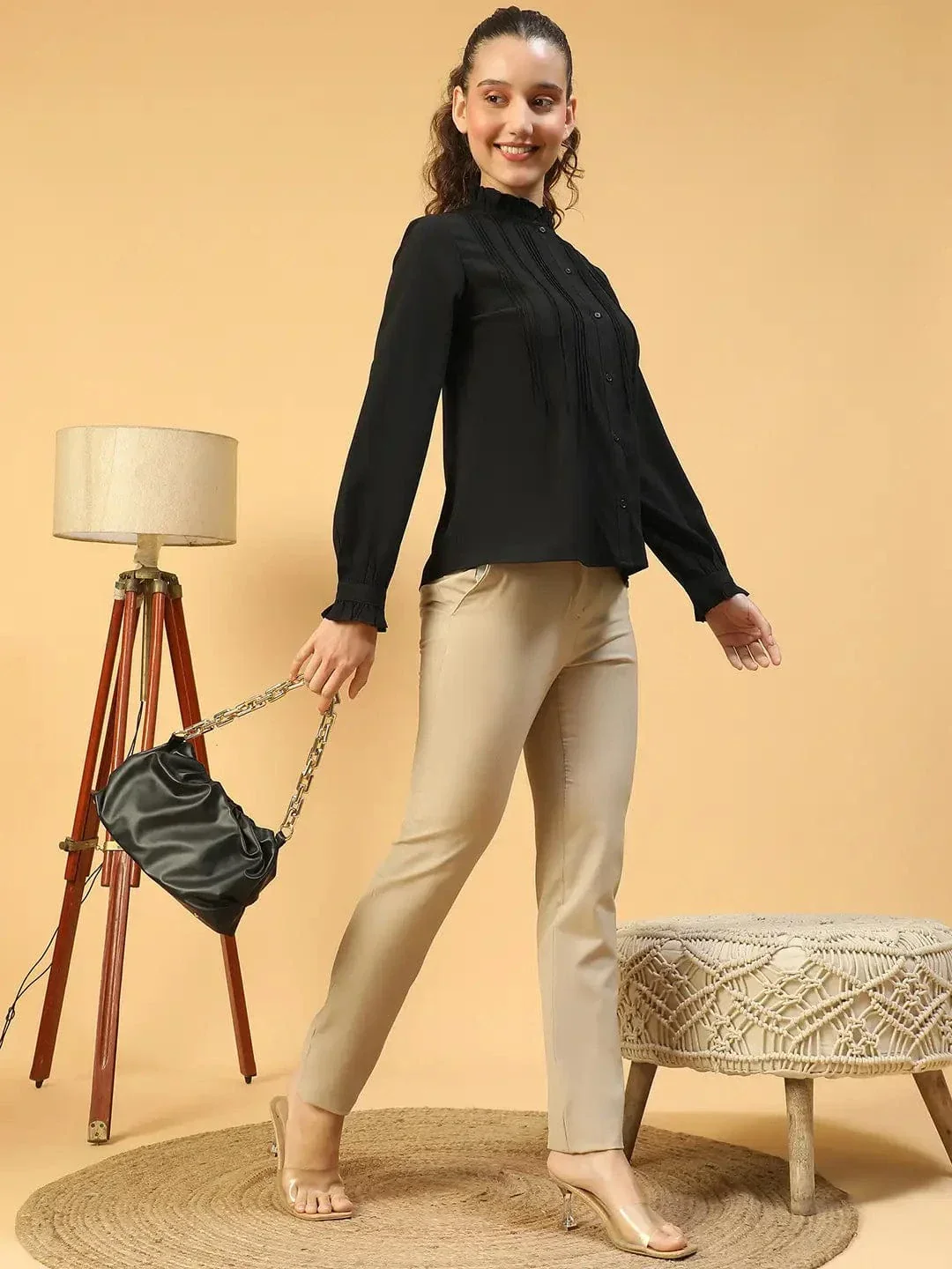 Beautiful Black Frill Detailed Long Sleeve Button Down Women Pleated Shirt - Image 7