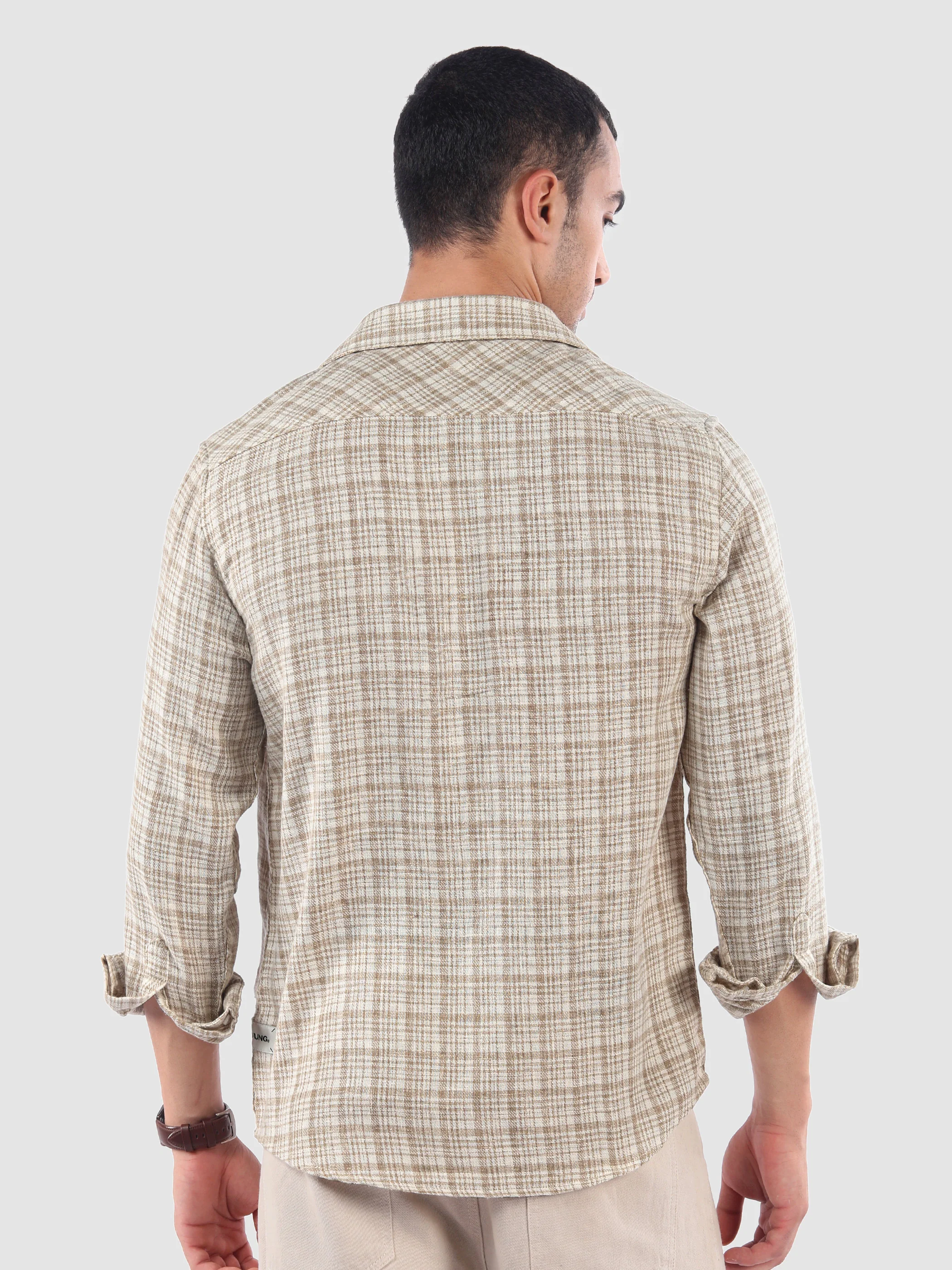 Beige Busy Check Cotton Shirt - Image 3
