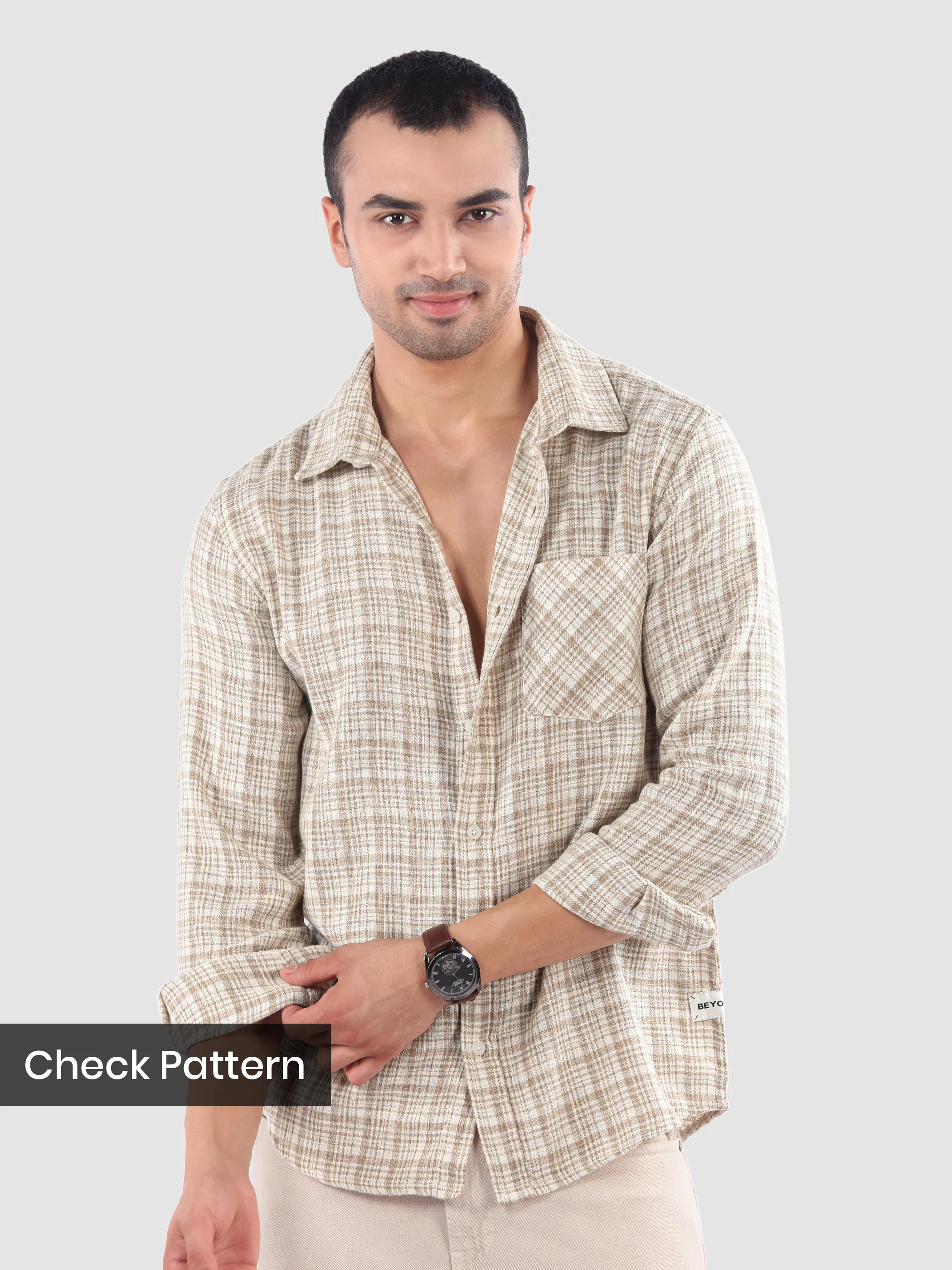 Beige Busy Check Cotton Shirt - Image 9