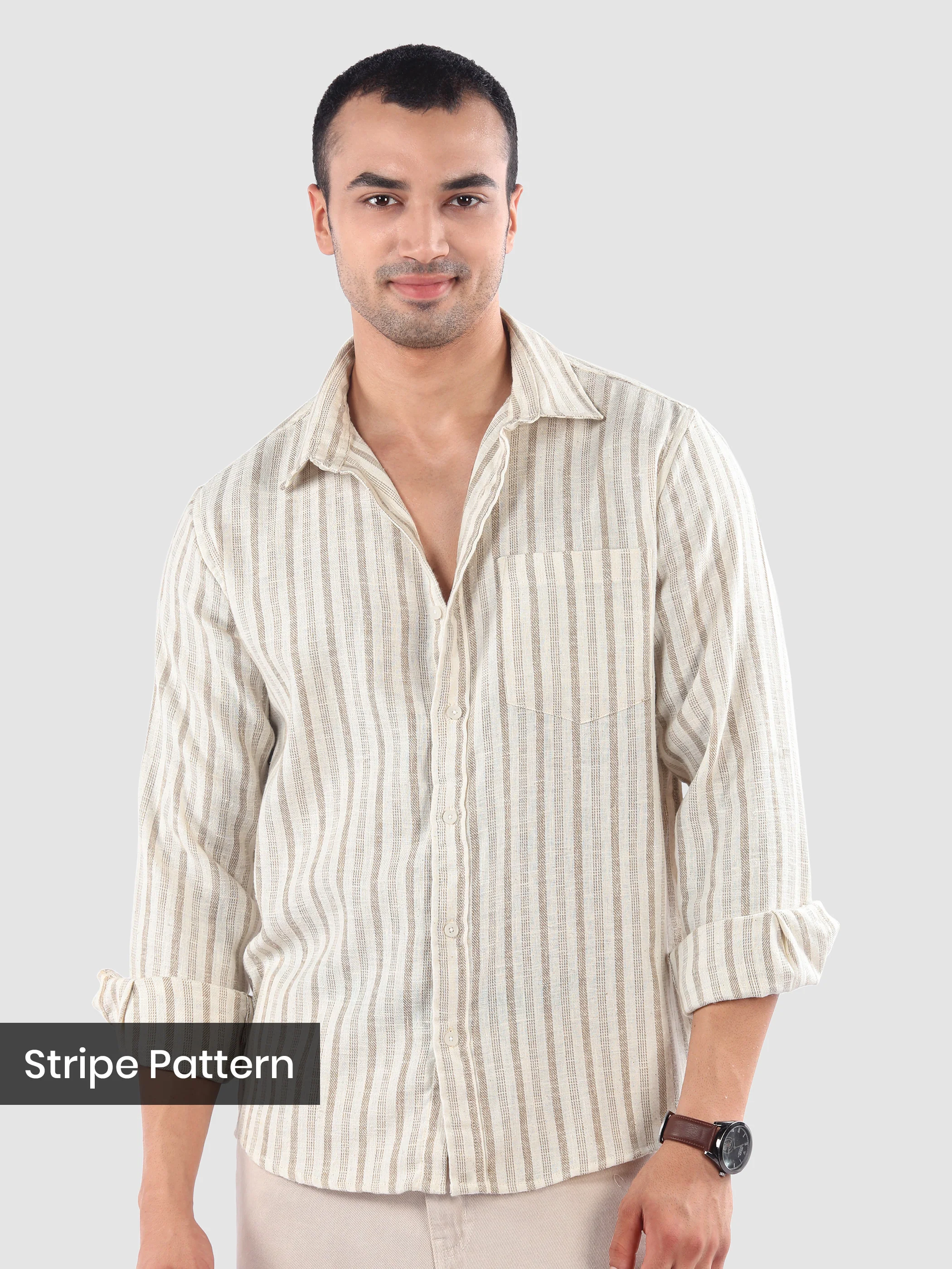 Beige Busy Stripe Cotton Shirt - Image 9