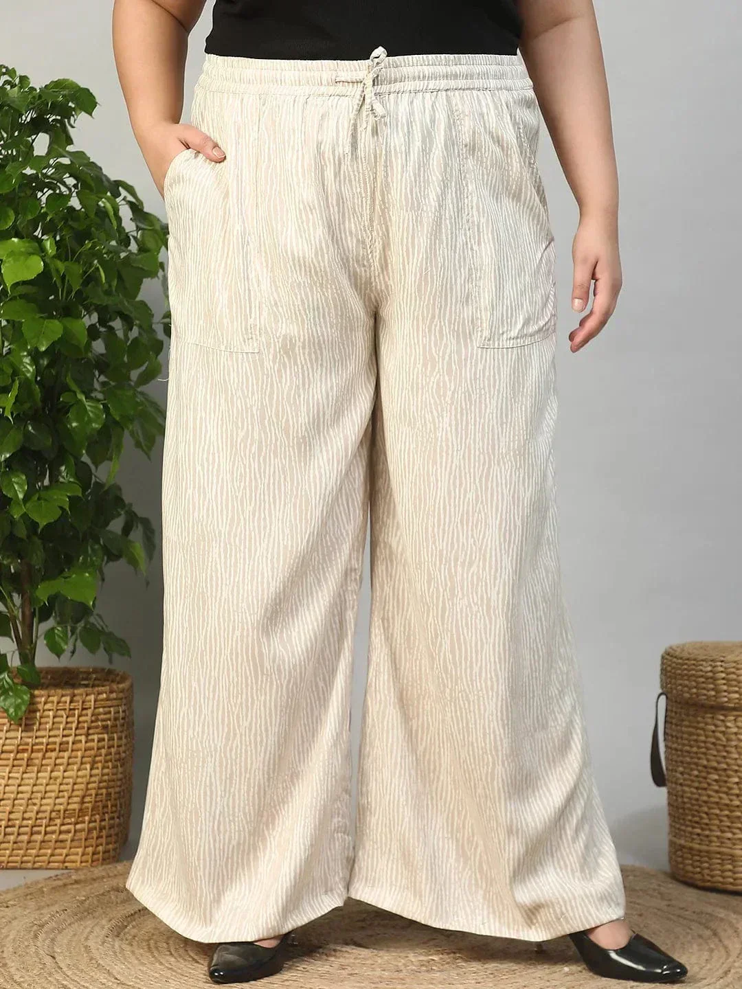 Beige Elasticated With Tie -Up Detail Rayon Dot Print Plus Size Women Flare Pant