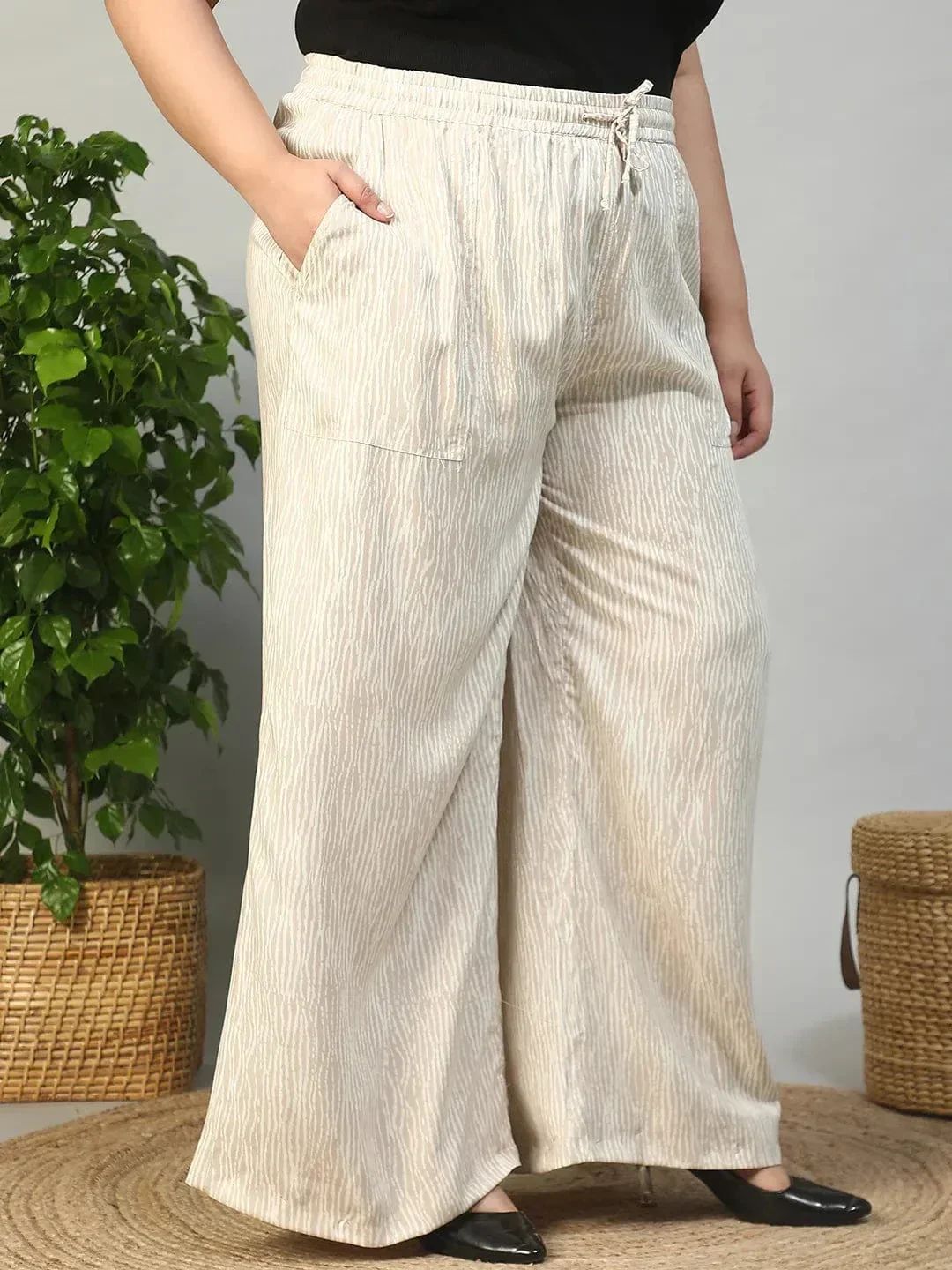 Beige Elasticated With Tie -Up Detail Rayon Dot Print Plus Size Women Flare Pant - Image 4