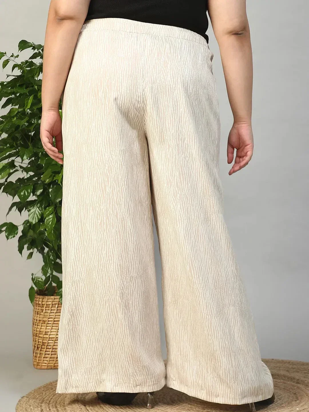 Beige Elasticated With Tie -Up Detail Rayon Dot Print Plus Size Women Flare Pant - Image 5