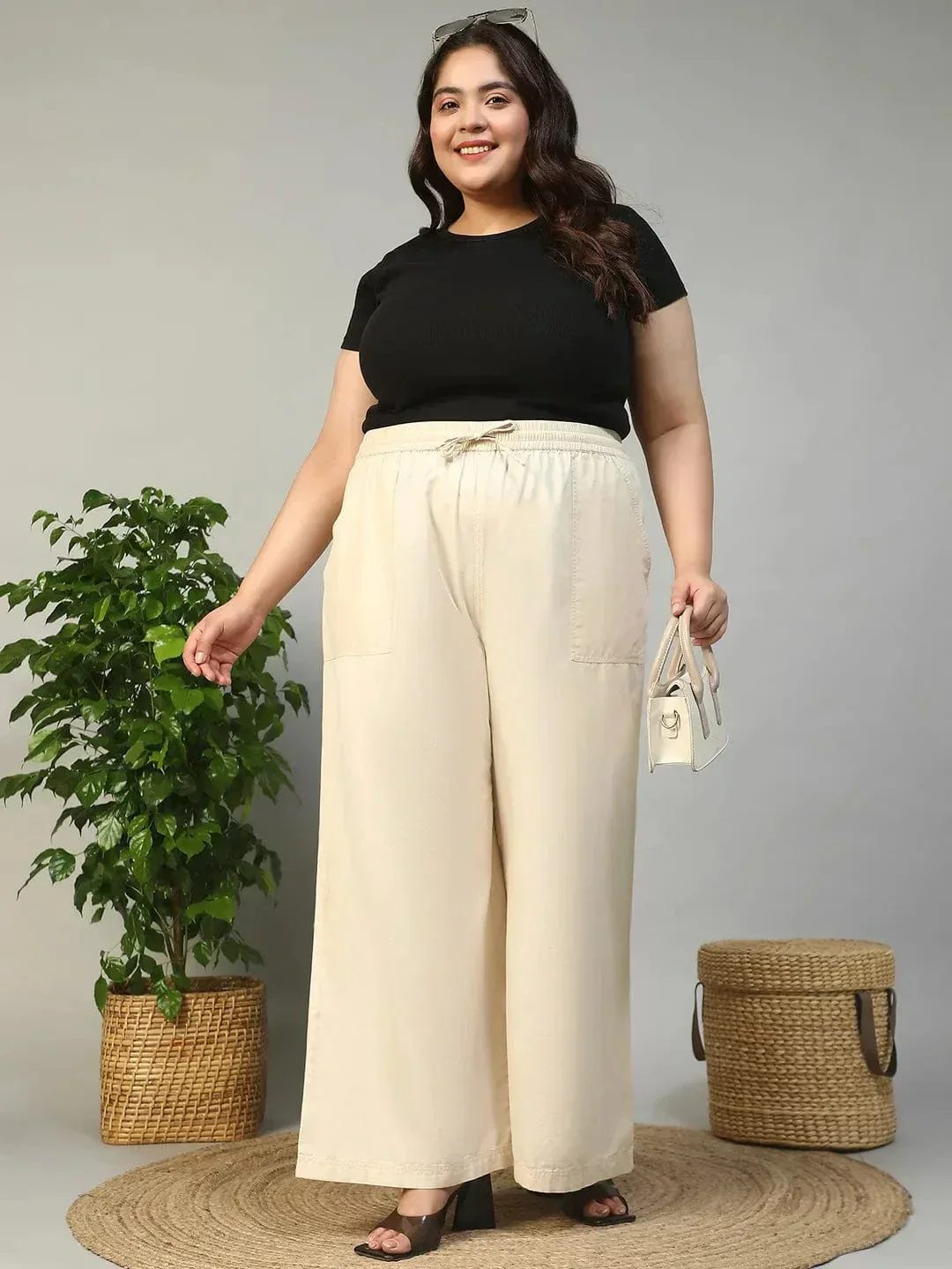 Being Beige Elasticated With Tie -Up Detail Plus Size Women Cotton Linen Flare Pant - Image 8