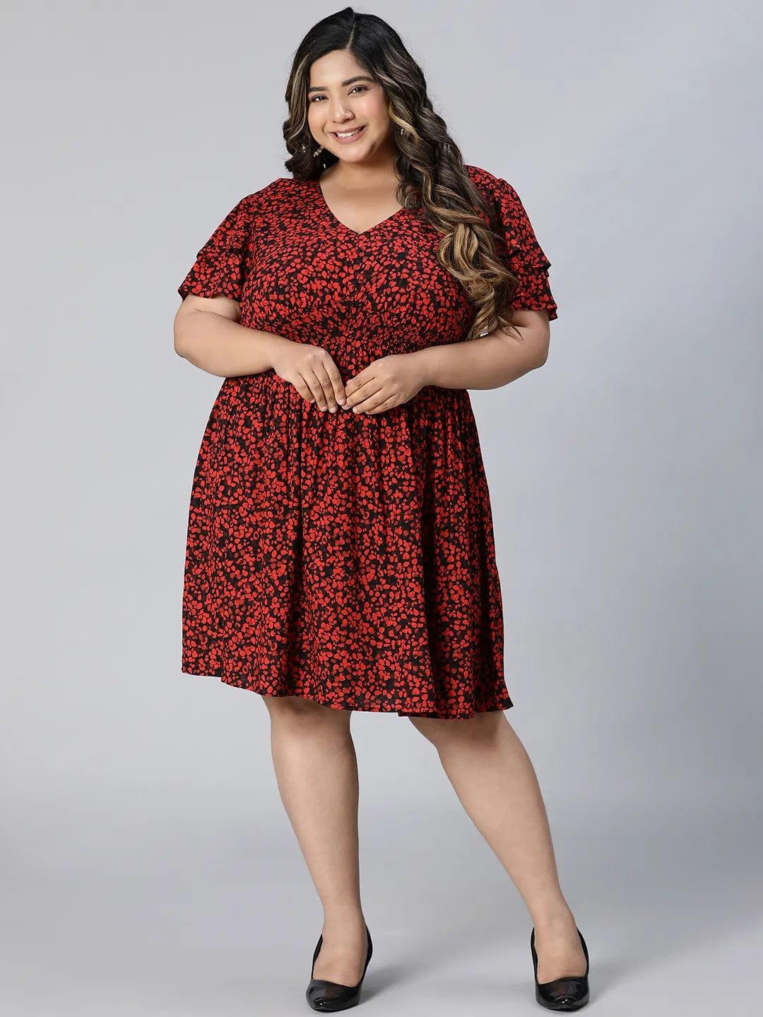 Berry Red Floral Print Knee-Length Plus Size Curvy Dress - Image 2