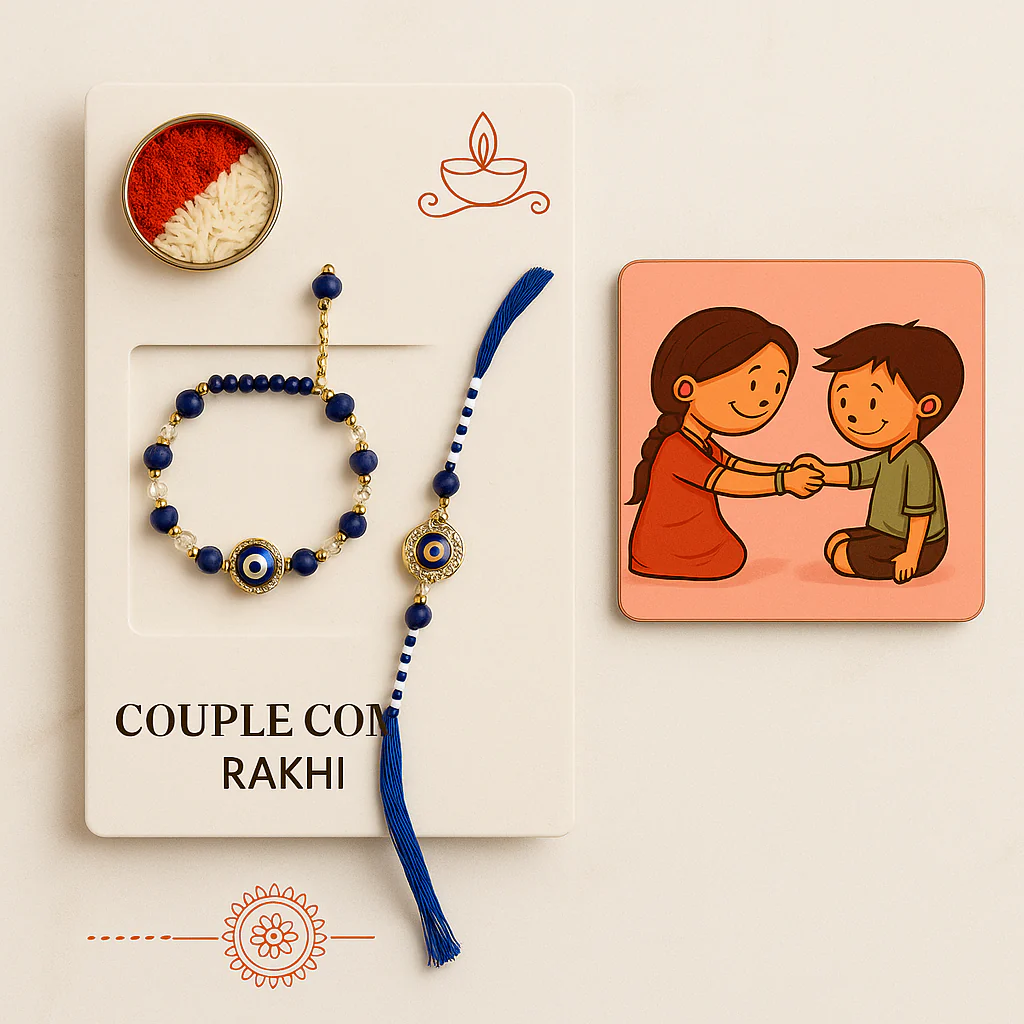 Bhaiya Bhabhi Rakhi Set with Evil Eye Charm, Coaster & Kumkum Chawal | Couple Combo Rakhi Gift with Assorted Color | Raksha Bandhan Special - Image 2