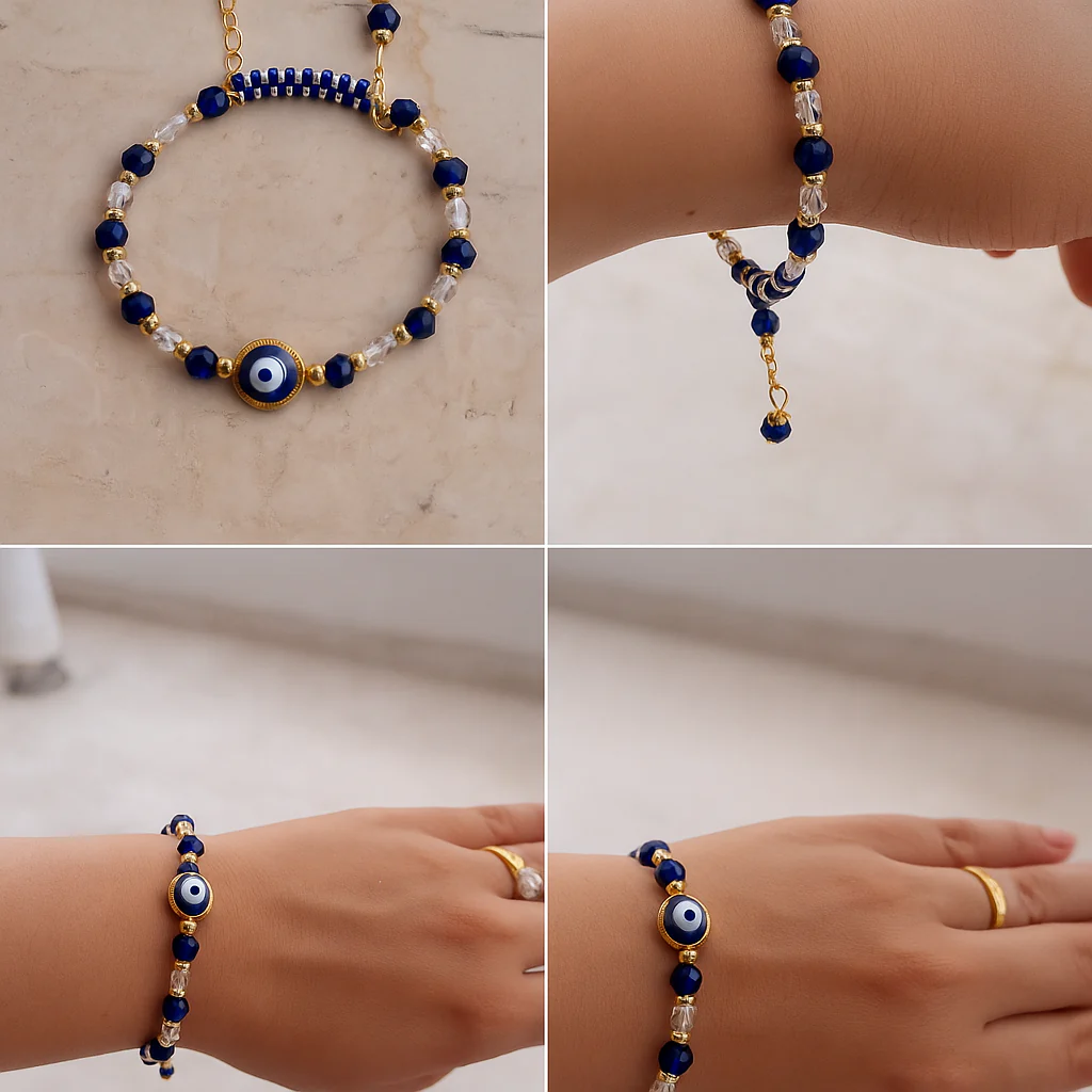 Bhaiya Bhabhi Rakhi Set with Evil Eye Charm, Coaster & Kumkum Chawal | Couple Combo Rakhi Gift with Assorted Color | Raksha Bandhan Special - Image 3