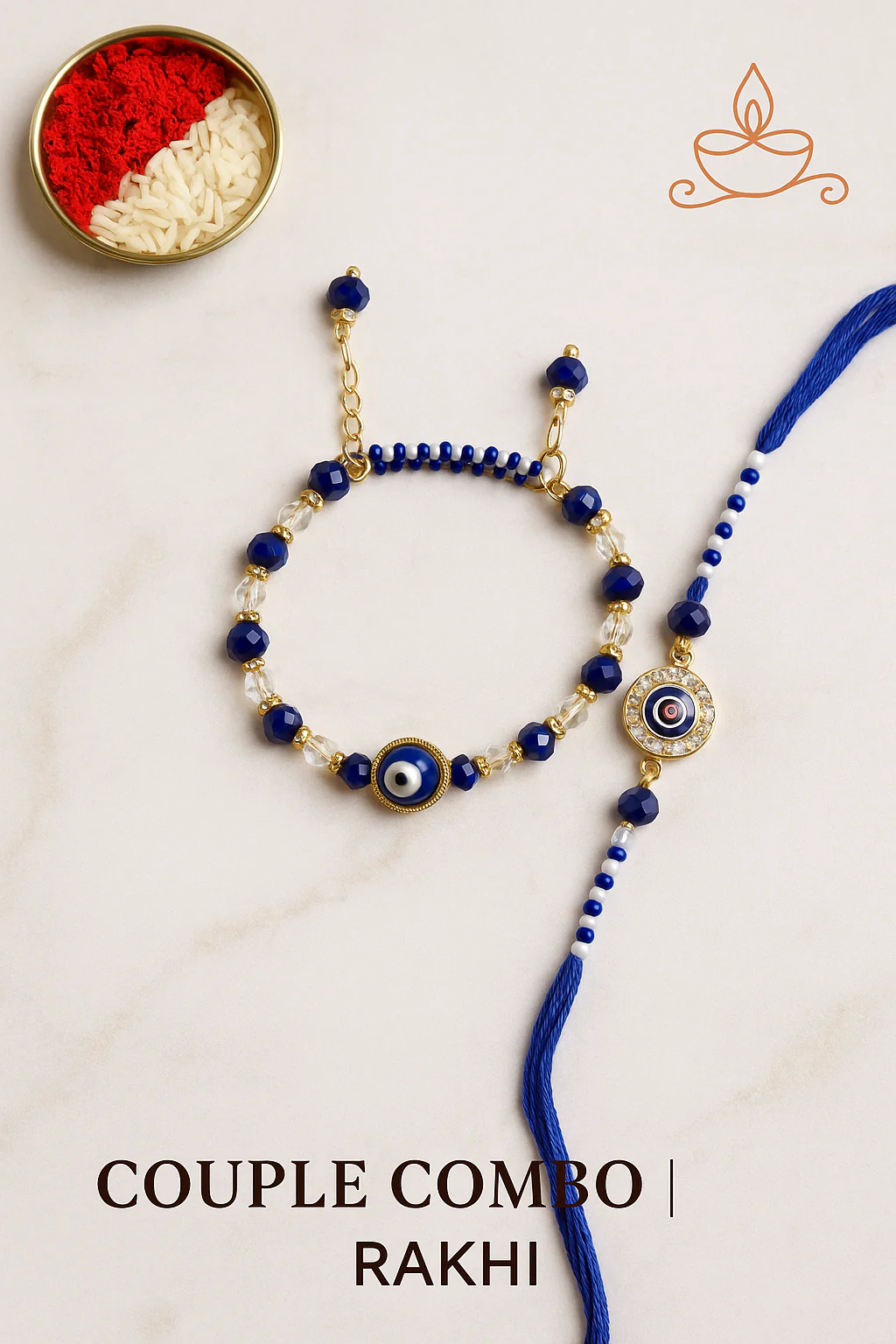 Bhaiya Bhabhi Rakhi Set with Evil Eye Charm, Coaster & Kumkum Chawal | Couple Combo Rakhi Gift with Assorted Color | Raksha Bandhan Special - Image 4