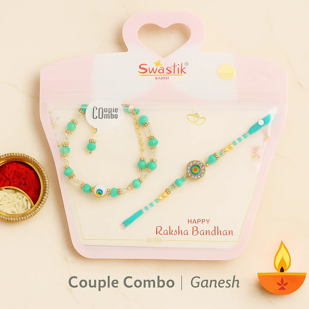 Bhaiya Bhabhi Rakhi Set with Evil Eye Charm, Coaster & Kumkum Chawal | Couple Combo Rakhi Gift with Assorted Color | Raksha Bandhan Special - Image 5