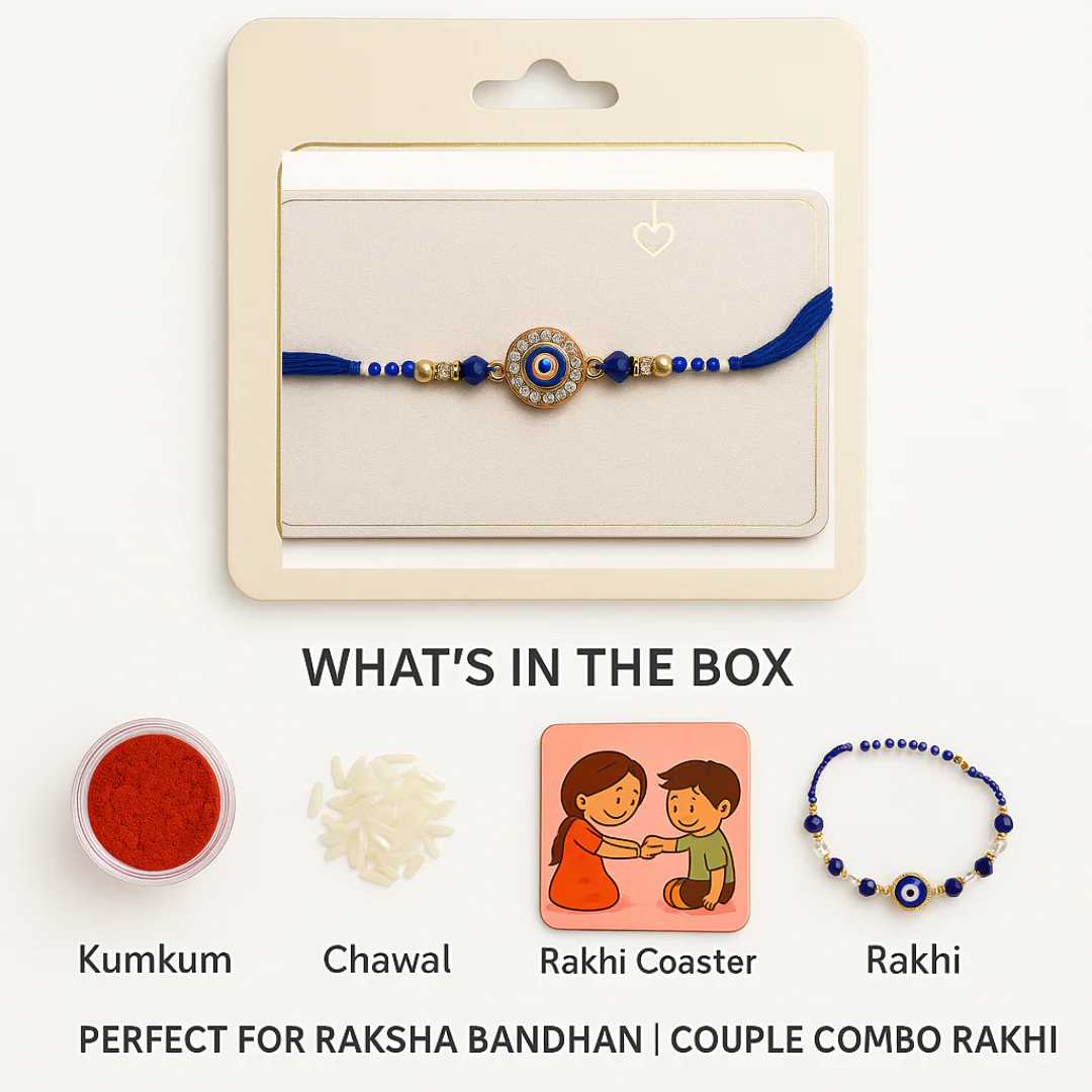 Bhaiya Bhabhi Rakhi Set with Evil Eye Charm, Coaster & Kumkum Chawal | Couple Combo Rakhi Gift with Assorted Color | Raksha Bandhan Special - Image 7