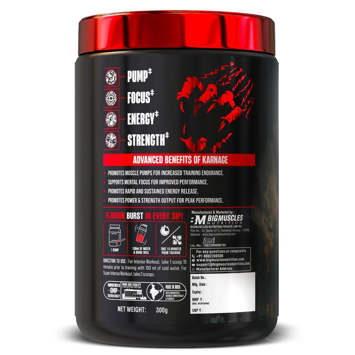 Bigmuscles Nutrition Karnage Pre workout [60 Servings, | Pre-workout Supplement Supports to Improve Focus, Strength, Energy and Pump, Banned Substance Tested, Dope Free, 300g - Image 6