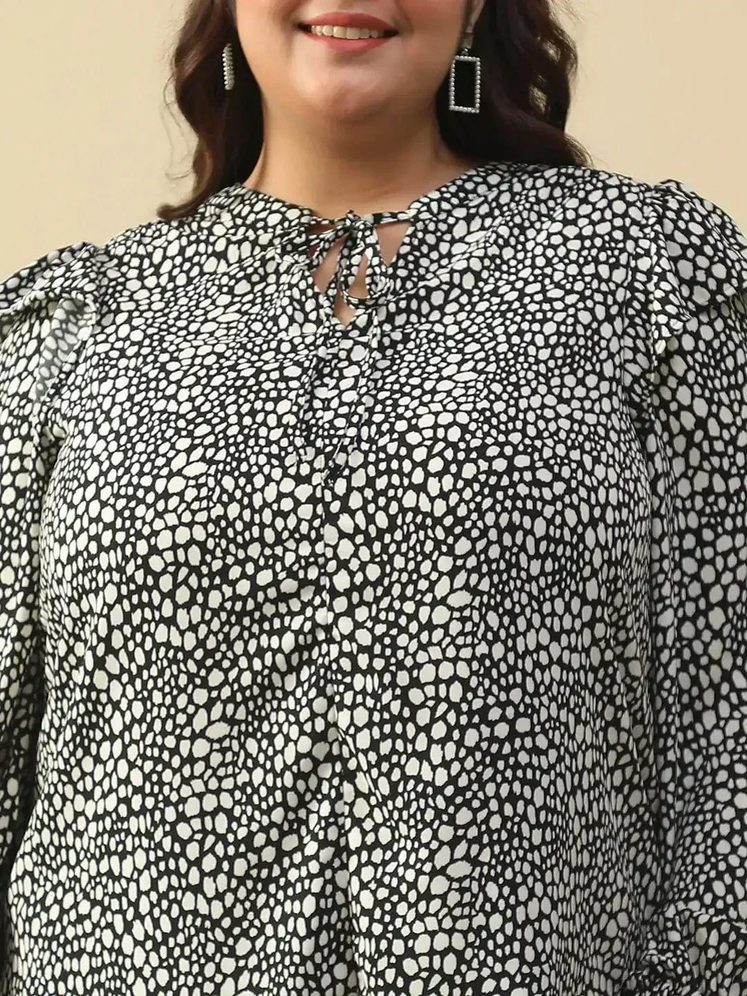 Bitzy Black Animal Print Round Neck With Tie-Up Detail Long Sleeve Ruffle Flair Plus Size Women Top - Image 6