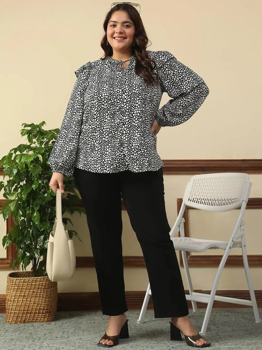 Bitzy Black Animal Print Round Neck With Tie-Up Detail Long Sleeve Ruffle Flair Plus Size Women Top - Image 8