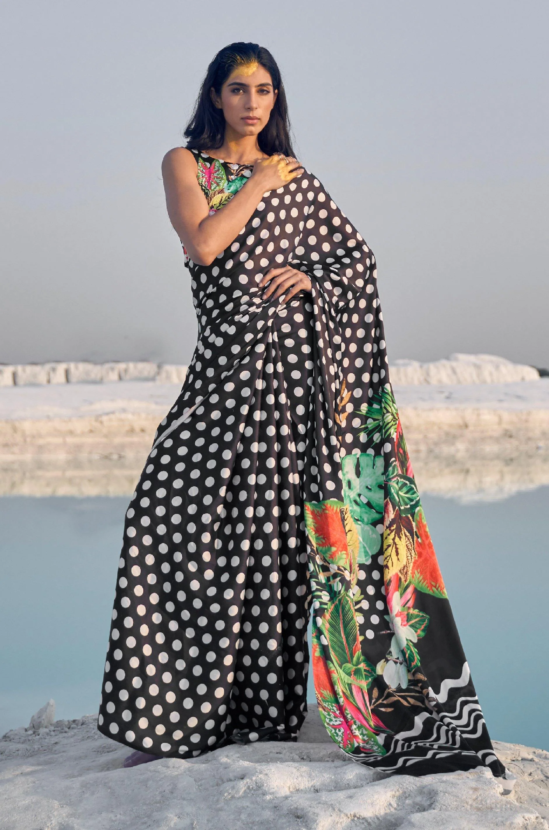 Black And White Polka Dots Digital Print Satin Silk Saree