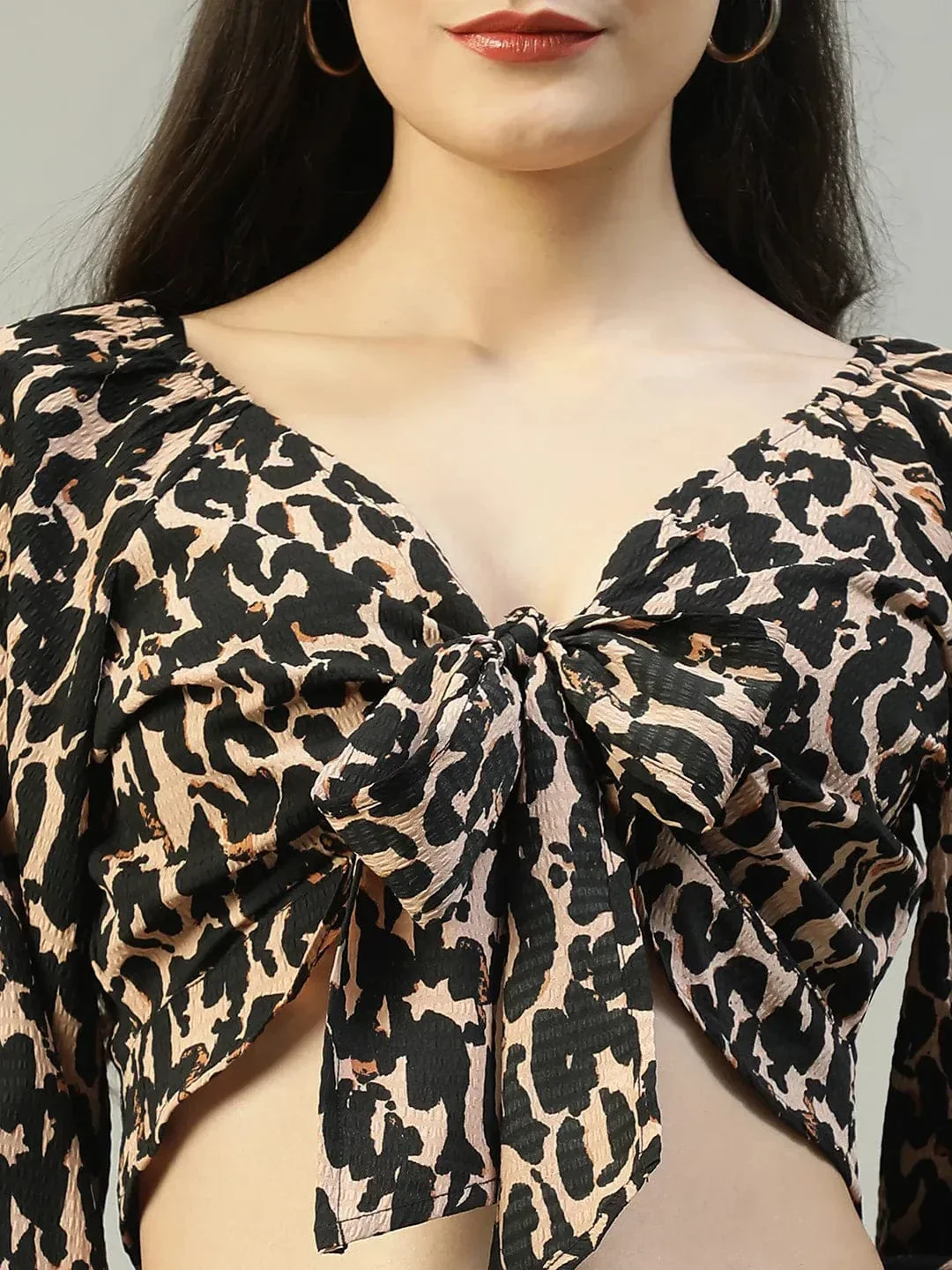 Black Animal Print V-Neck Tie-knotted long Sleeve Women Crop Top - Image 6