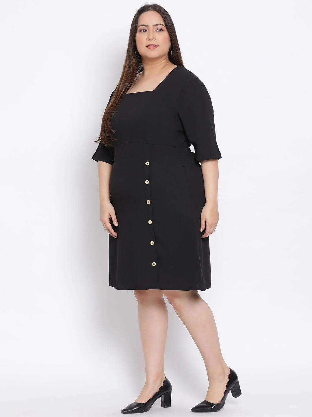 Black Basic Button Plus Size Curvy Dress For Everyday Style - Image 2