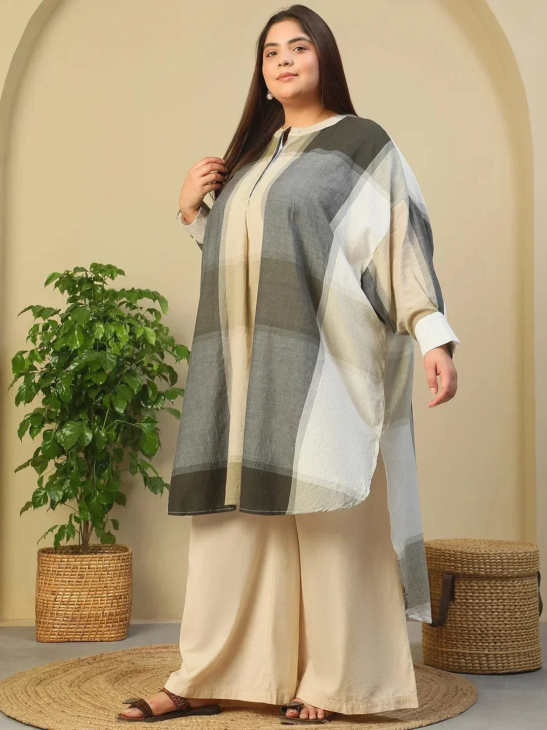 Black Check Round Neck With Button Placket Long Sleeve High Low Yarn Dyed Check Print Plus Size Women Cotton Tunic - Image 3