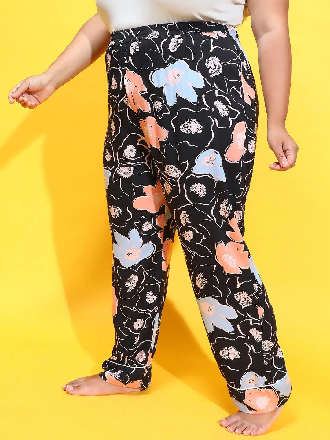 Black Color Floral Printed Elasticated Comfy Women Plus Size Pajama - Image 2