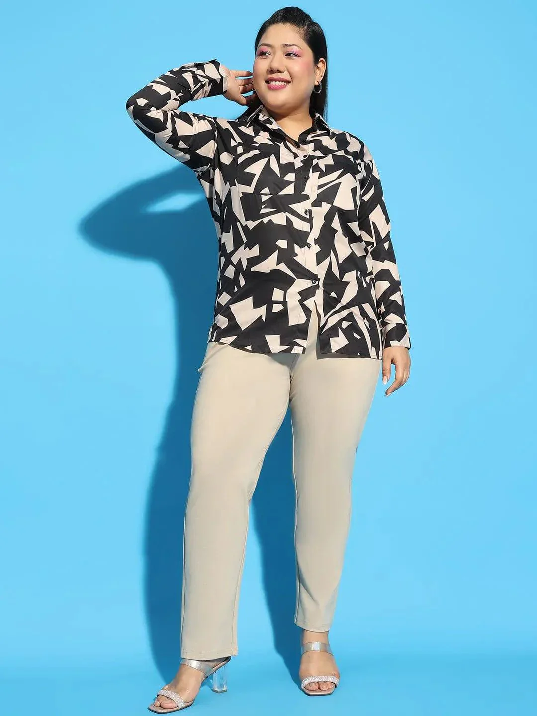 Black Color Printed Long Sleeve Button Down Shirt Plus Size Women Shirt - Image 2