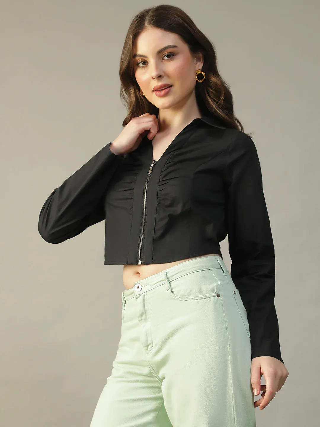 Black Cotton Women’s Crop Top with Collar & Zip Front - Image 4
