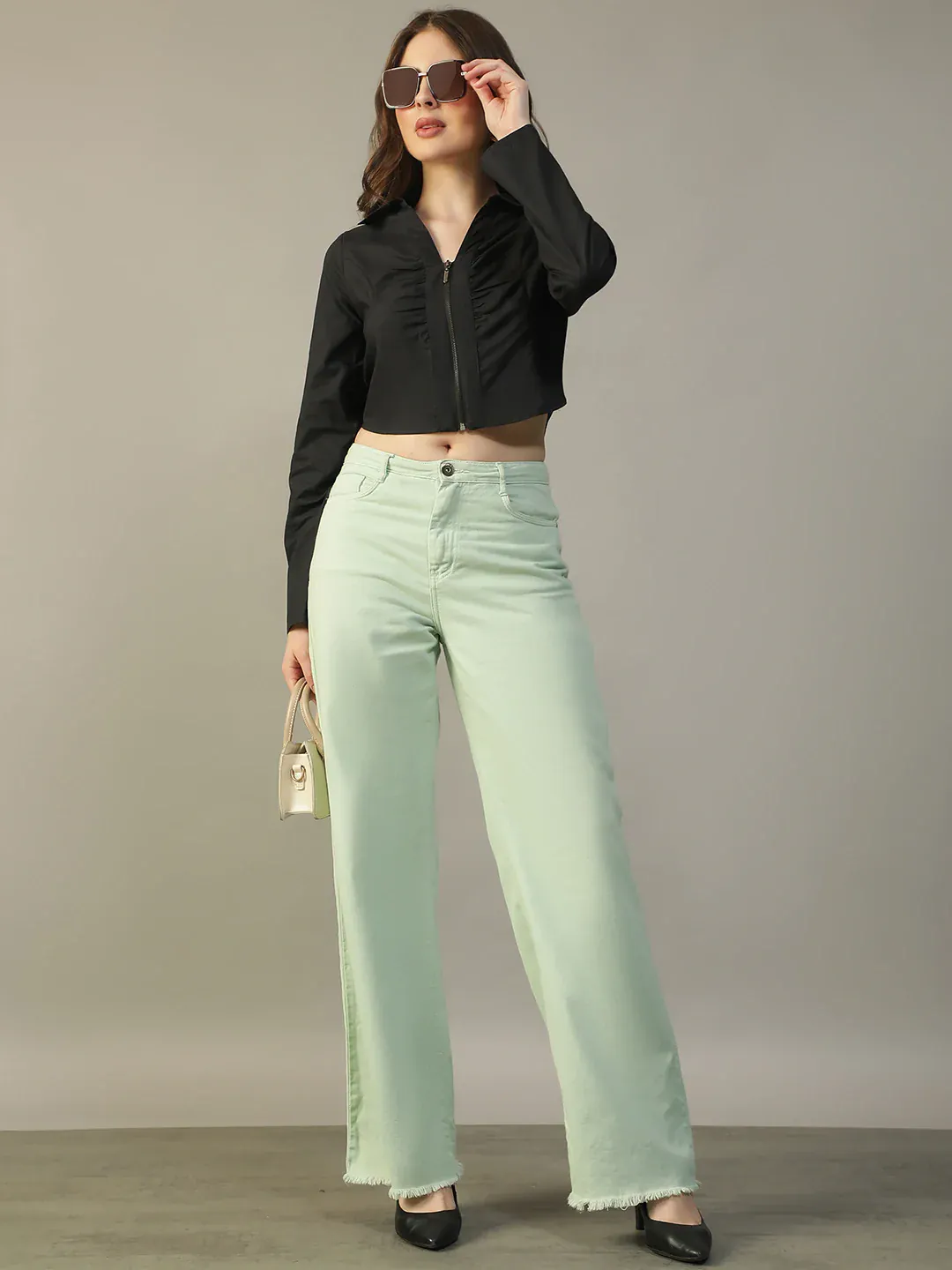 Black Cotton Women’s Crop Top with Collar & Zip Front - Image 7