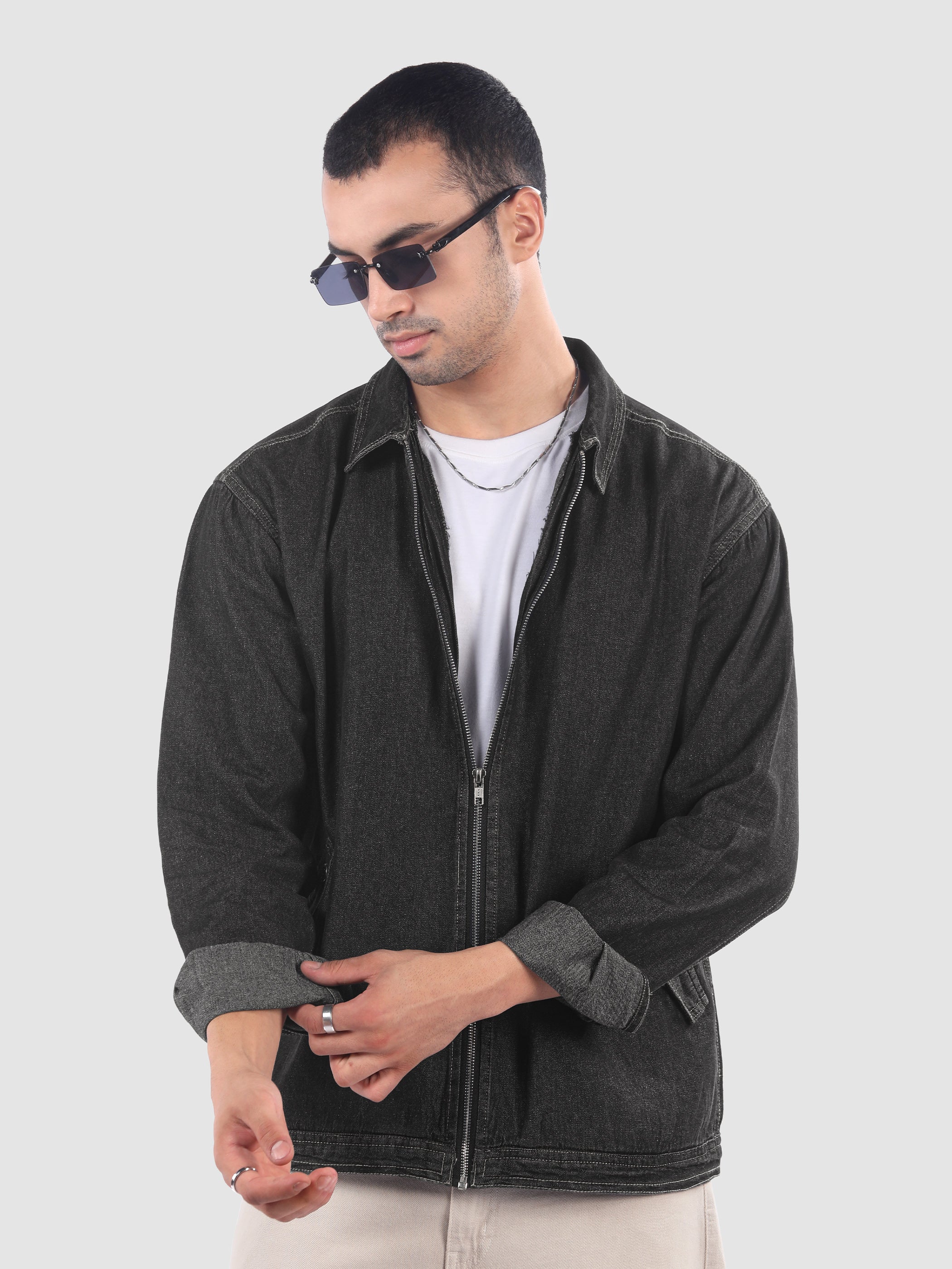 Black Denim Zipper Shacket