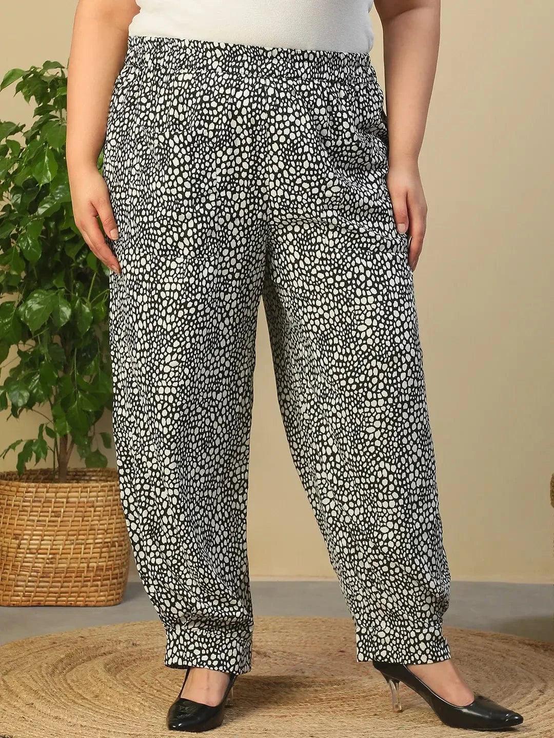 Black Elasticated Swiss Moss Animal Print Plus Size Women Trouser With Front Pockets