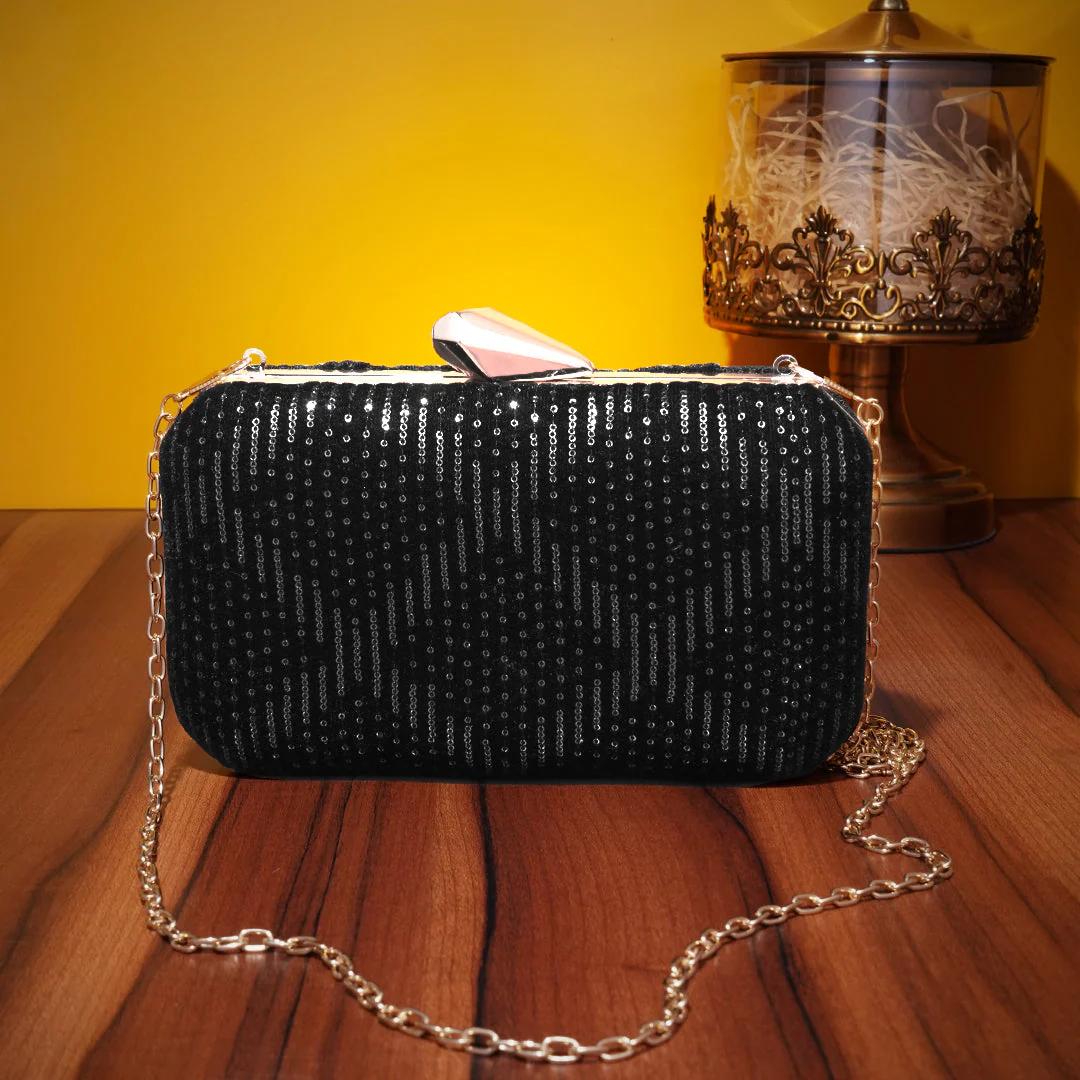 Black Embroidery Rectangular Party Clutch with Silver sequins - Image 2