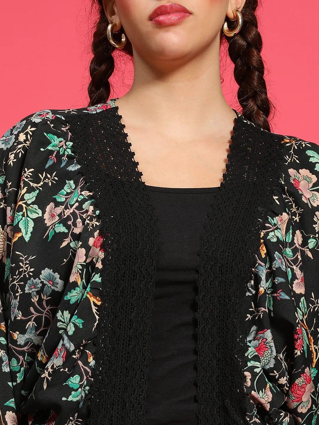Black Floral Print Lace Detailed Long Sleeve Front Open Women Shrug - Image 6